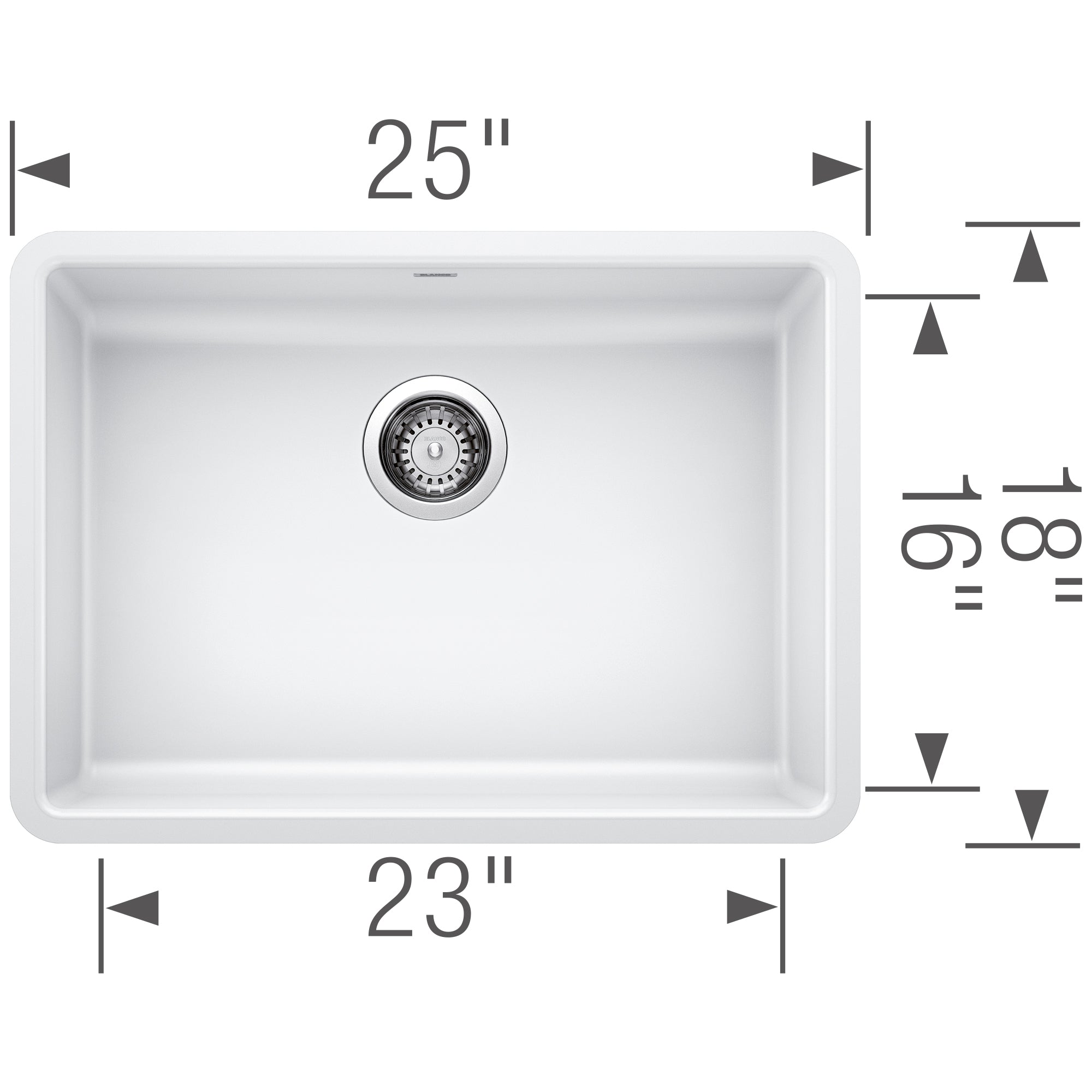 White undermount kitchen sink with single basin, strainer, and dimension measurements showing 25" width and 23" interior widt
