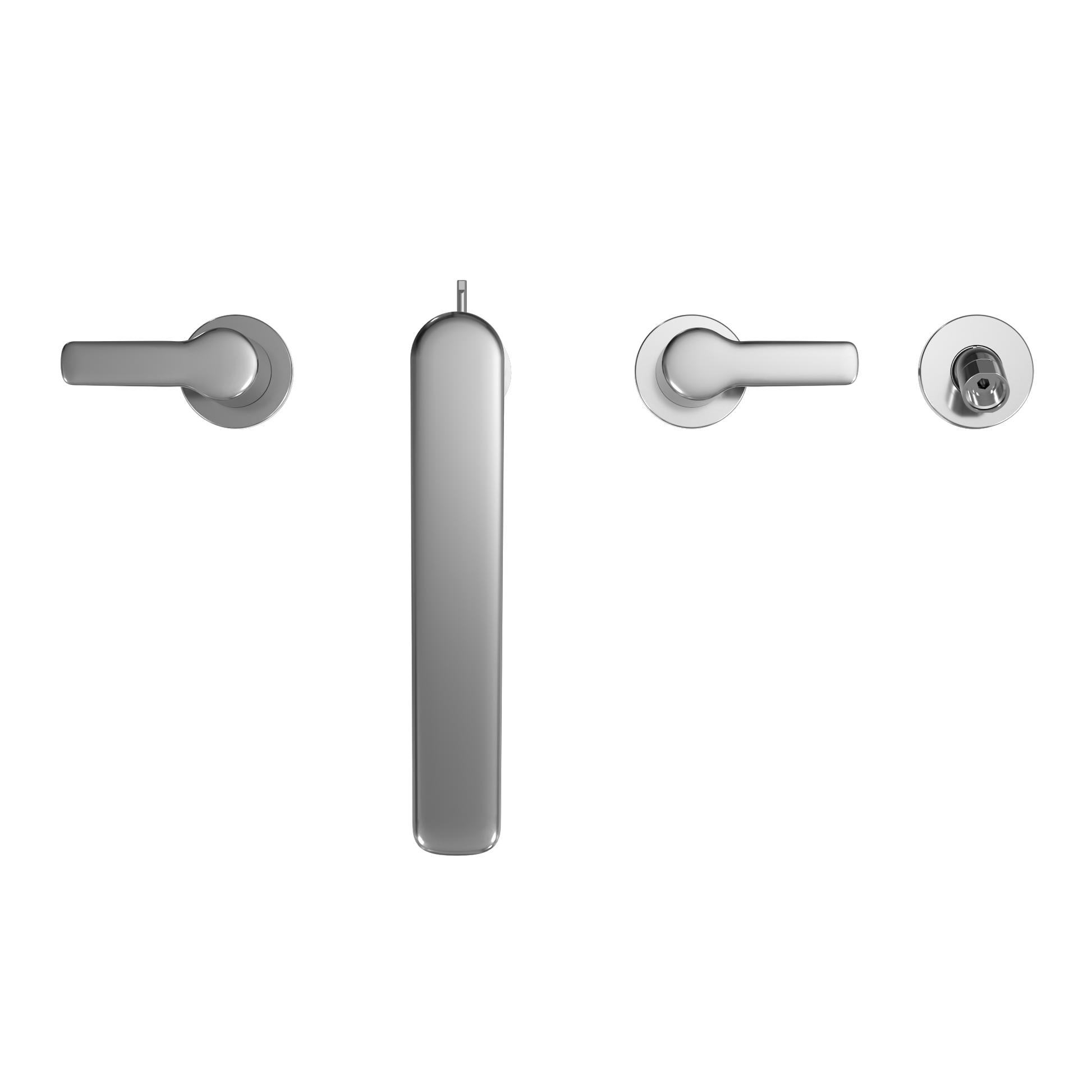 Polished chrome four-hole roman tub filler trim with central spout, two lever handles, and handshower outlet.
