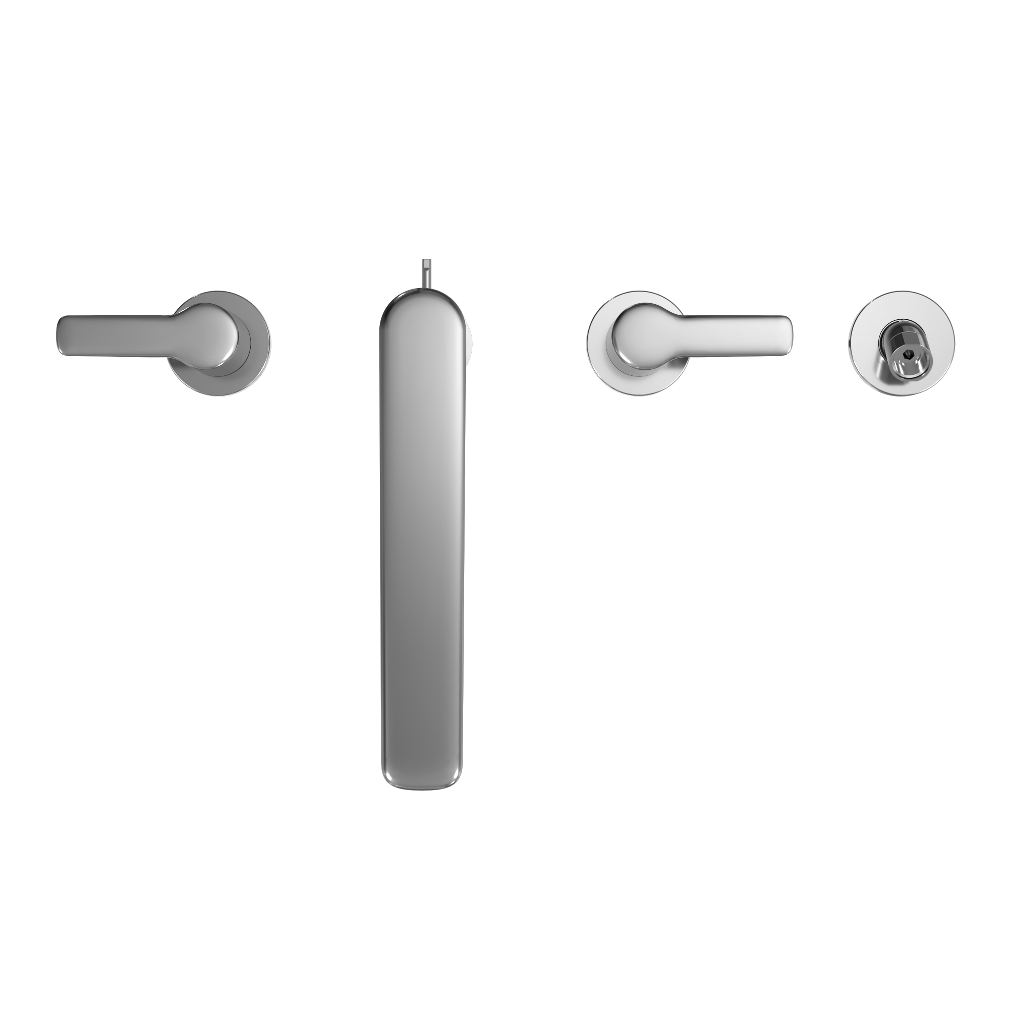 Polished chrome four-hole roman tub filler trim with central spout, two lever handles, and handshower outlet.