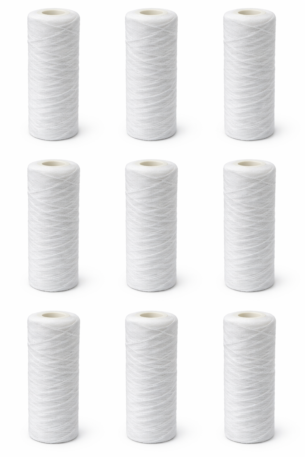 Nine white cylindrical polypropylene string wound sediment filter cartridges with open ends arranged in three rows.