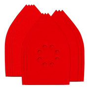 Red mouse detail sanding sheets with circular perforations and jagged edge design, stacked in fan arrangement.