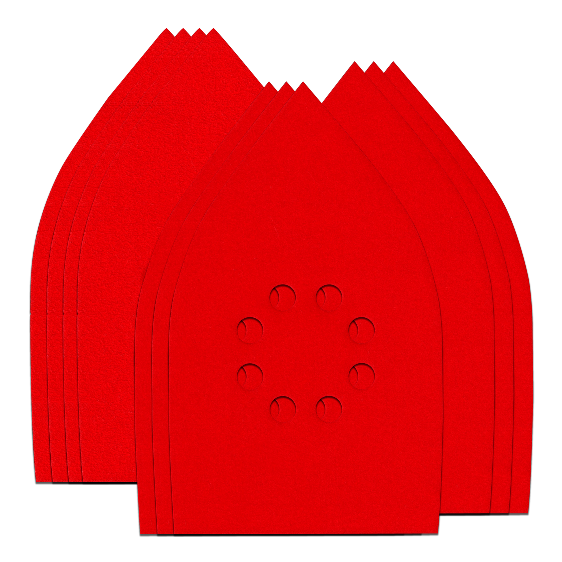 Red mouse detail sanding sheets with circular perforations and jagged edge design, stacked in fan arrangement.