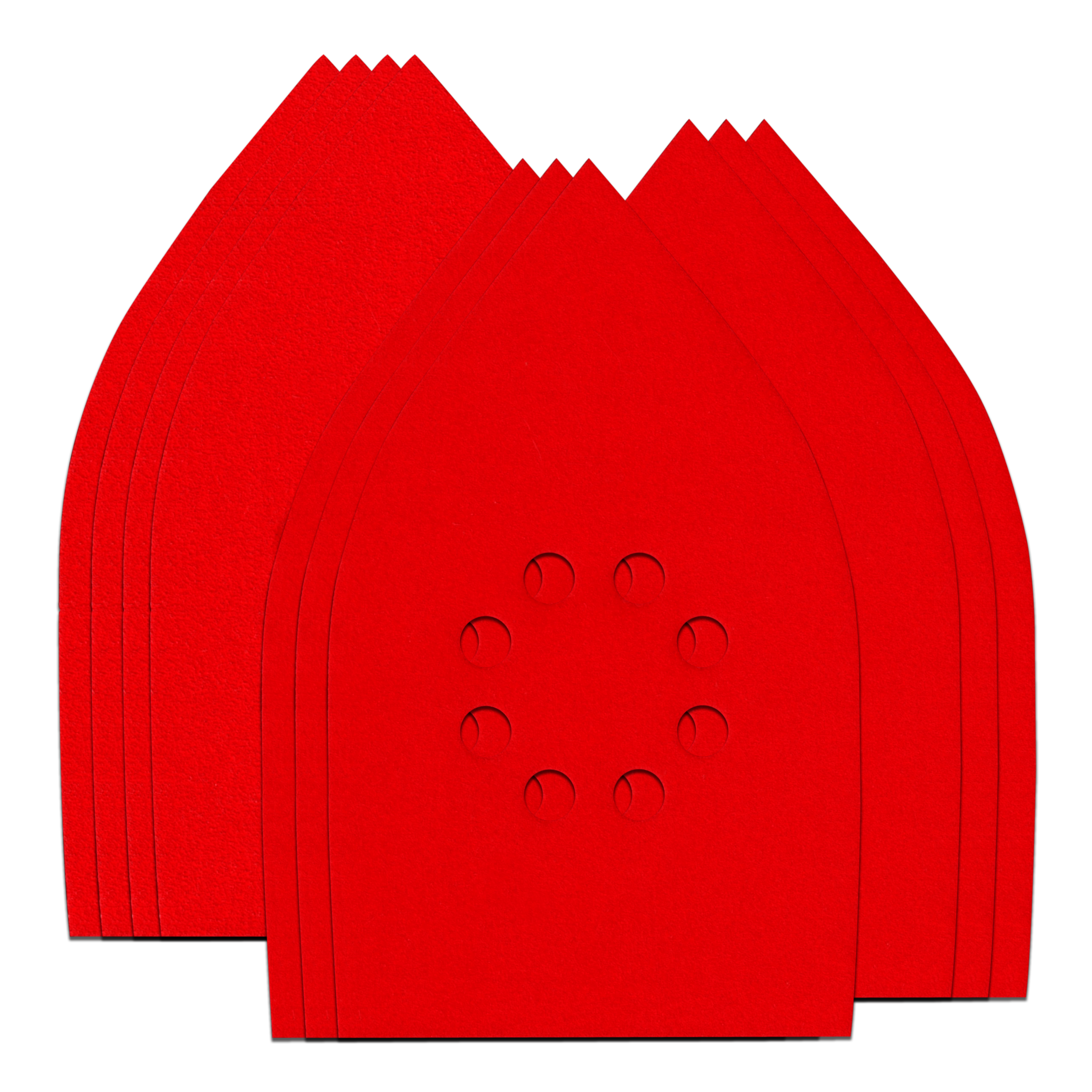 Red mouse detail sanding sheets with circular perforations and jagged edge design, stacked in fan arrangement.