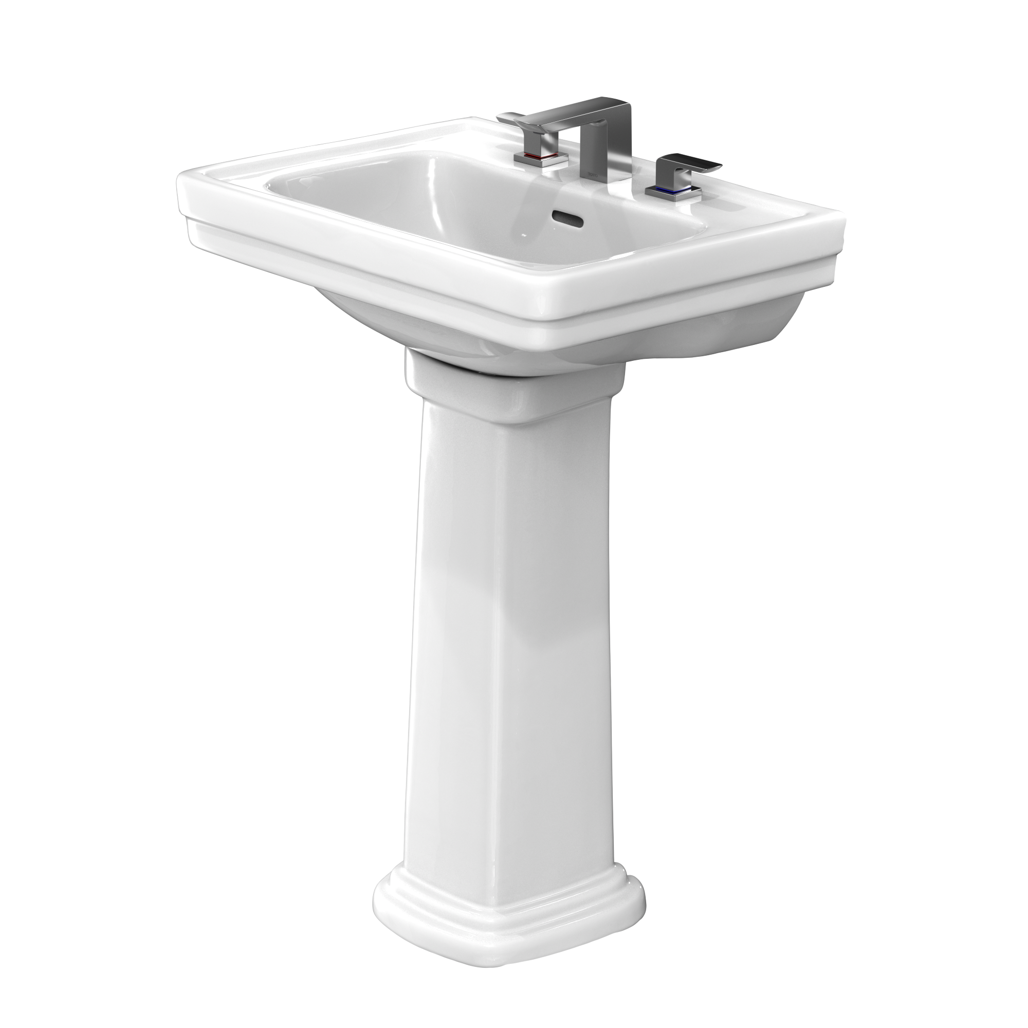 White rectangular pedestal sink with chrome faucet and handles mounted on cylindrical column base.