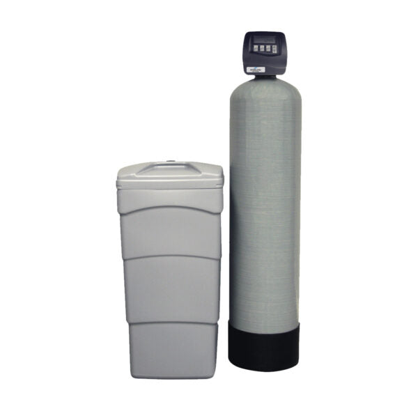 Water softener system with gray cylindrical tank, digital control head, and separate brine tank.