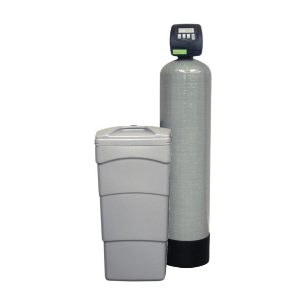 Sterling water softener system with gray cylindrical tank, black control head, and white brine tank beside it.