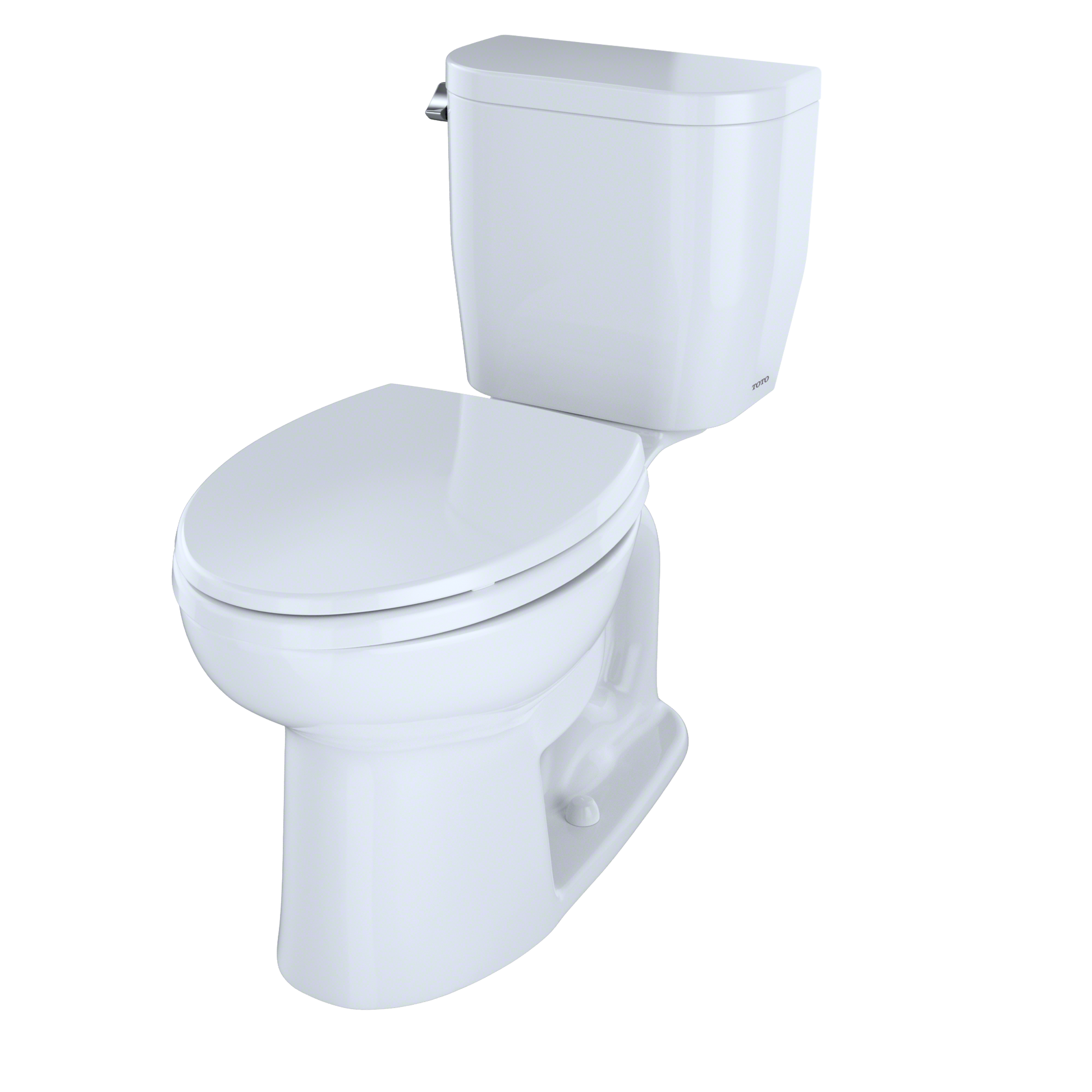 White two-piece elongated toilet with closed seat and tank, shown from angled side view.