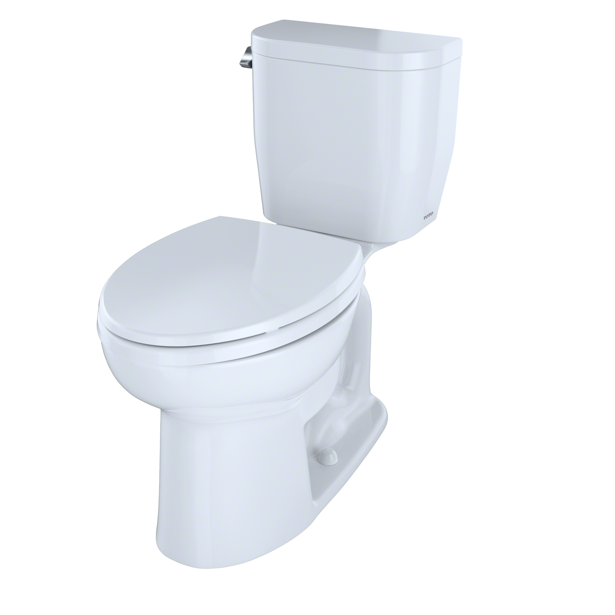White two-piece elongated toilet with closed seat and tank, shown from angled side view.