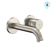 Brushed nickel wall-mount bathroom faucet with single curved spout and round handle control.