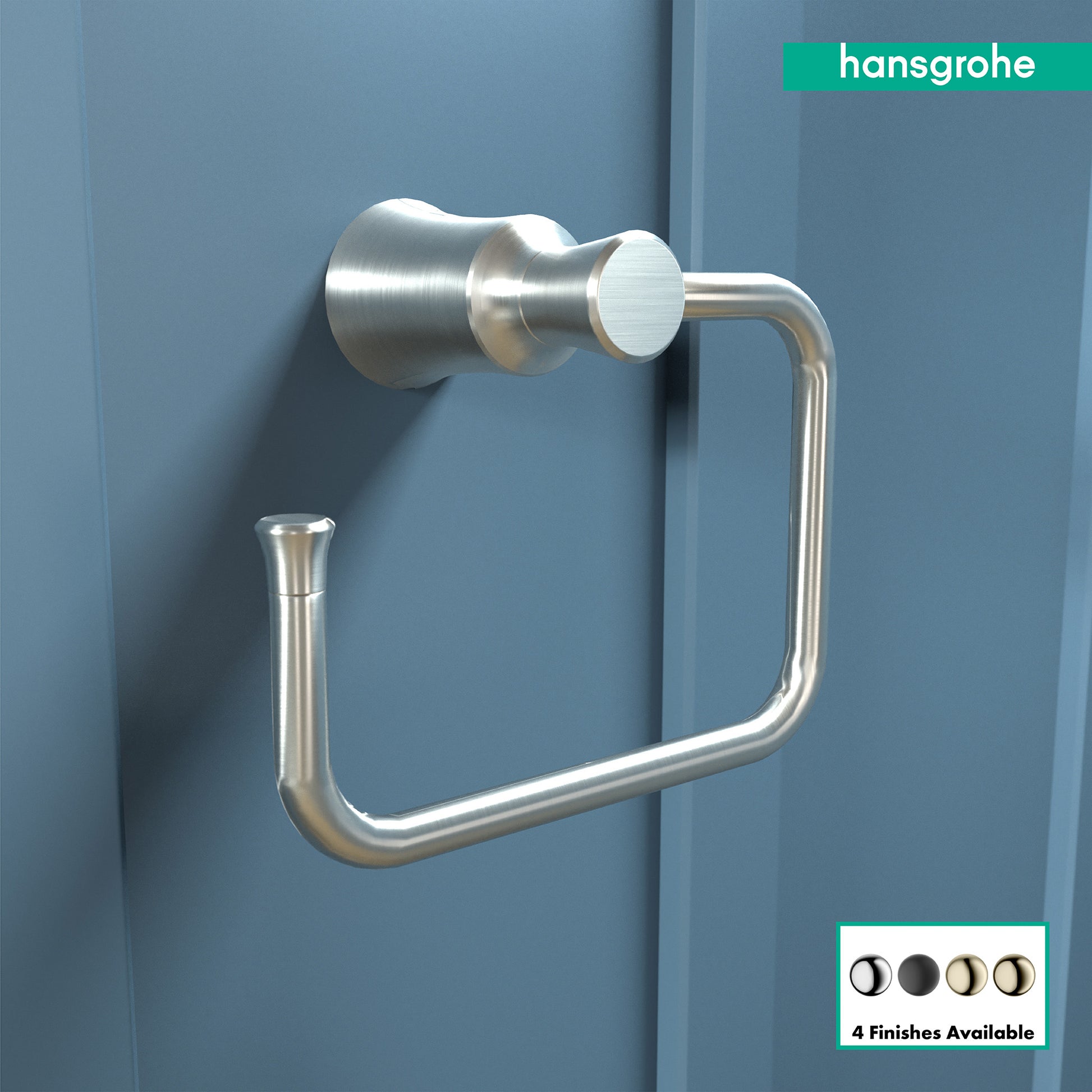 Brushed nickel towel ring with curved rectangular loop mounted on blue wall.