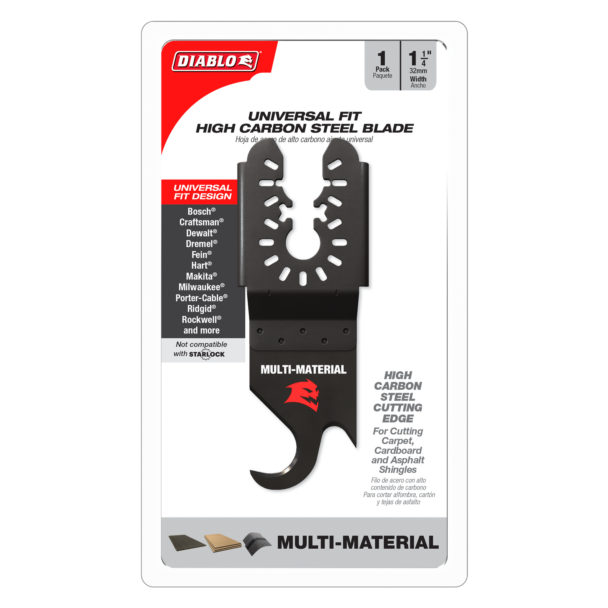 Black high carbon steel oscillating blade with hook design and multiple cutting slots for universal tool fit.