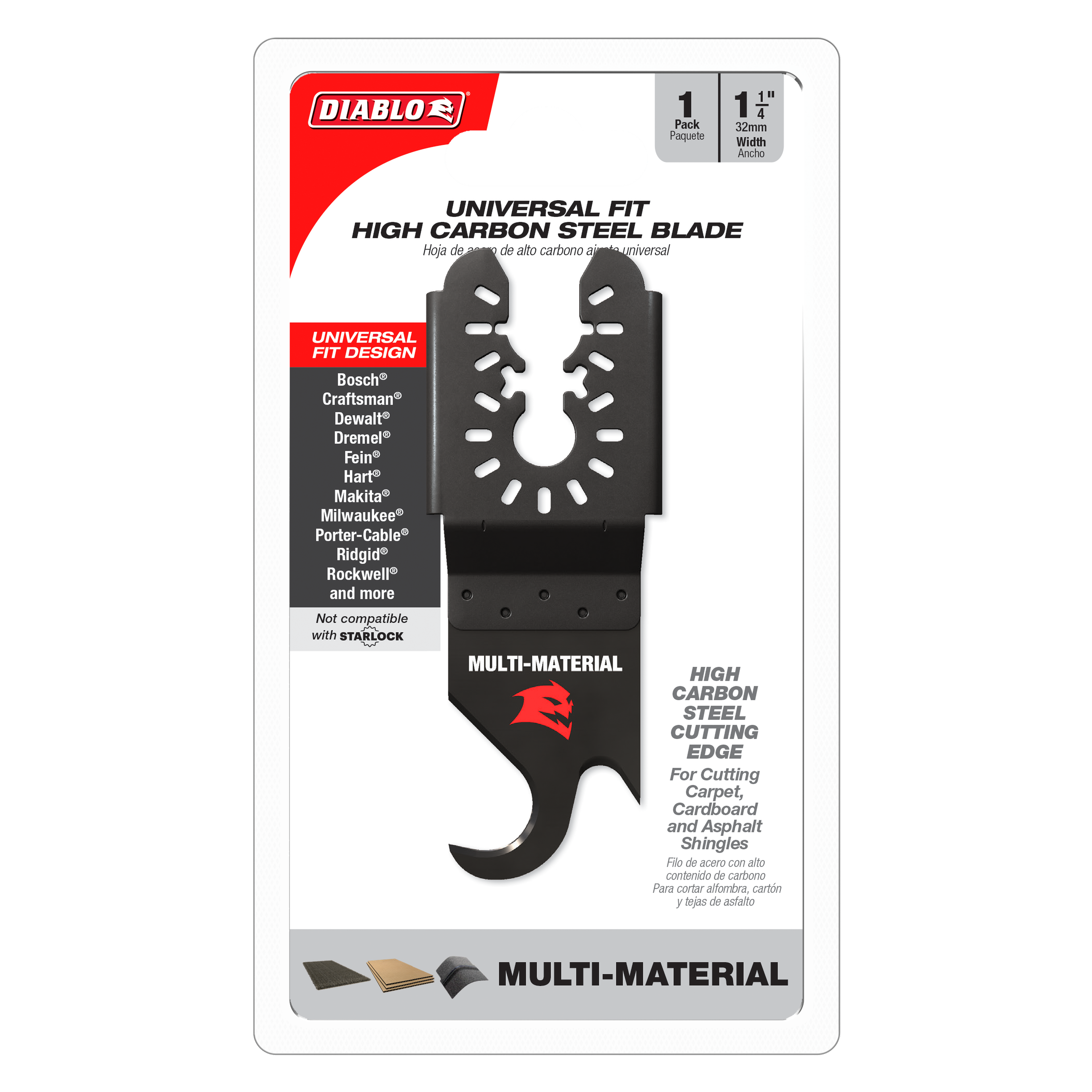 Black high carbon steel oscillating blade with hook design and multiple cutting slots for universal tool fit.