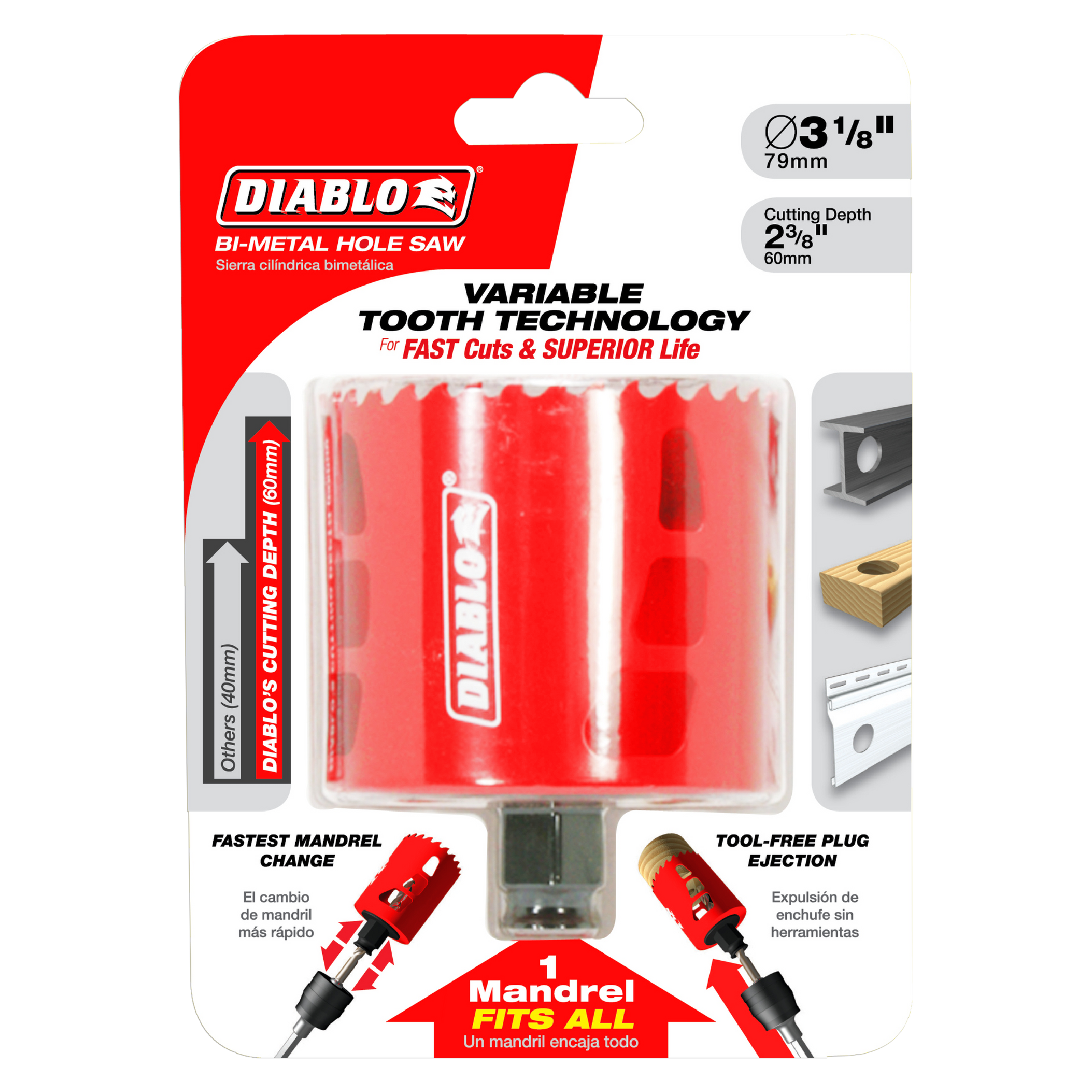 Diablo bi-metal hole saw with 3 1/8 inch diameter, 2 3/8 inch cutting depth, red casing and variable tooth technology.