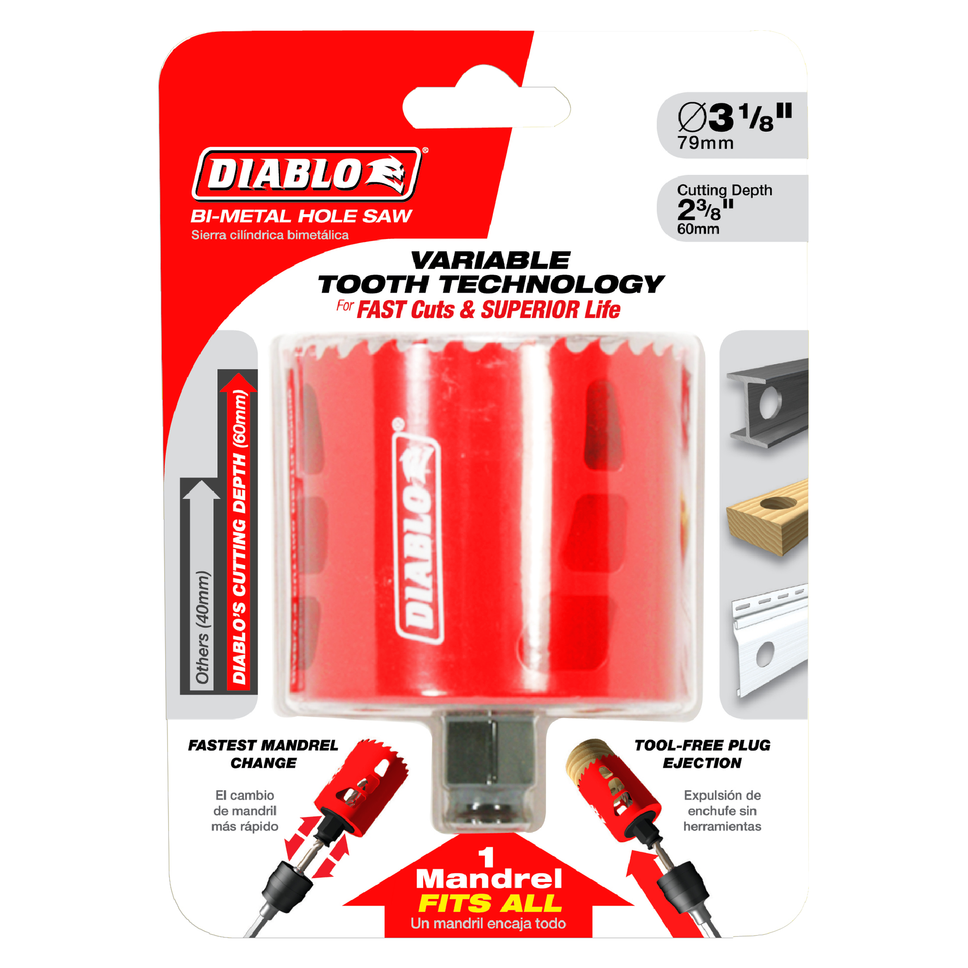 Diablo bi-metal hole saw with 3 1/8 inch diameter, 2 3/8 inch cutting depth, red casing and variable tooth technology.