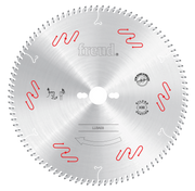 Circular saw blade with fine teeth and center arbor hole, labeled "freud LU3A03" with red wavy design elements and certificat