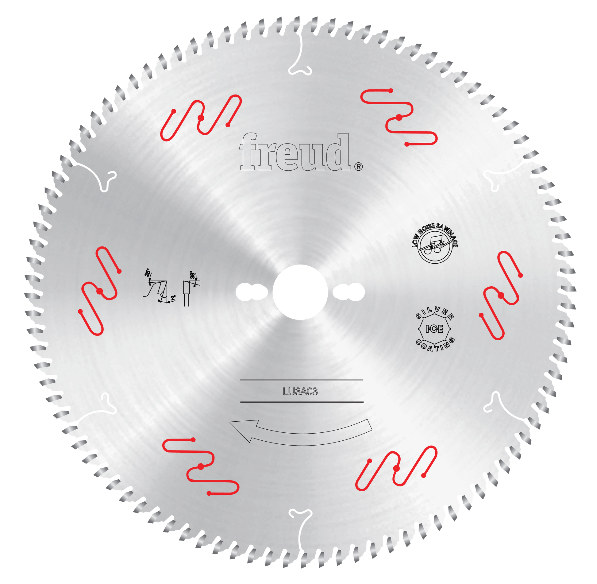 Circular saw blade with fine teeth and center arbor hole, labeled "freud LU3A03" with red wavy design elements and certificat