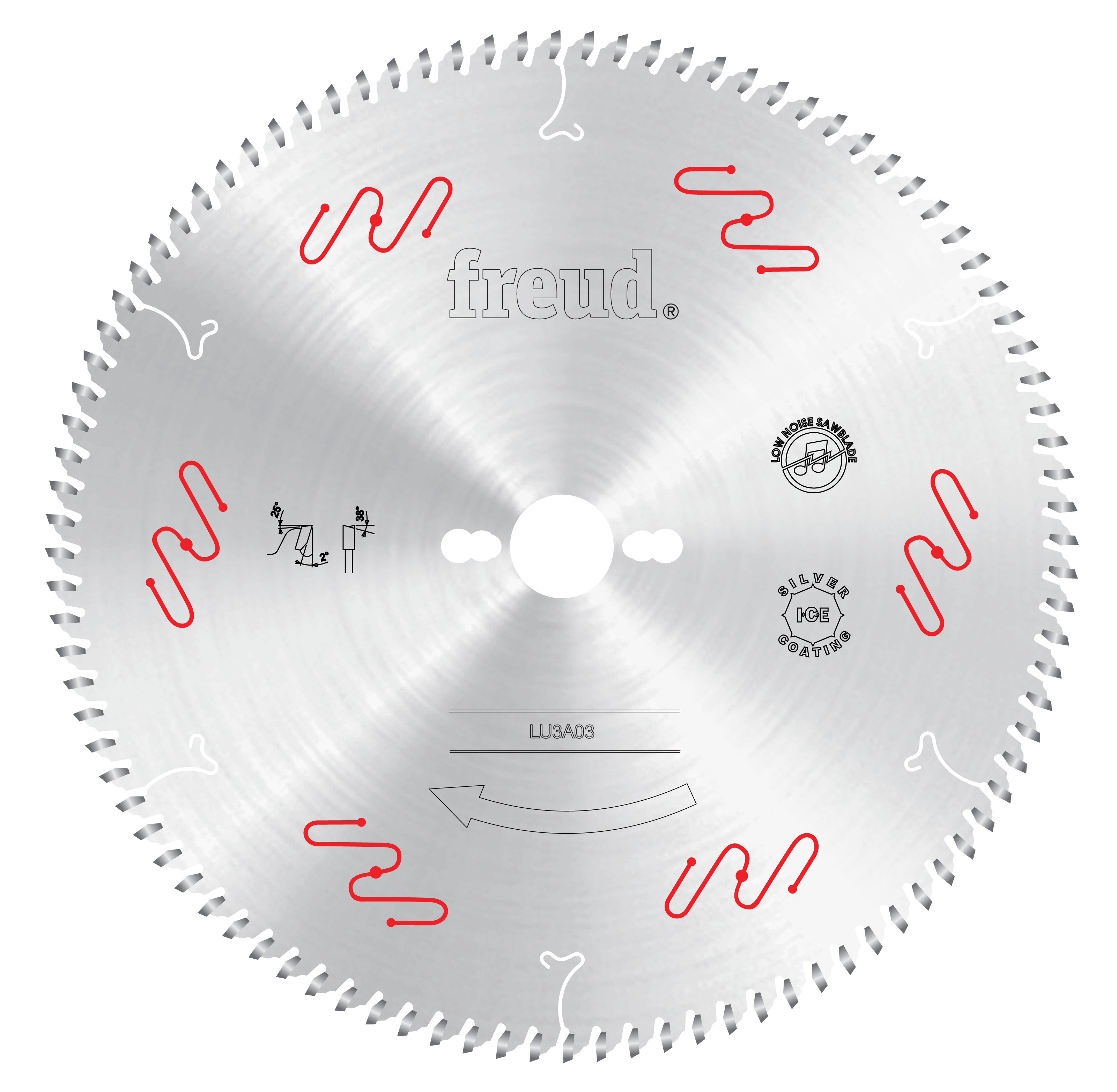 Circular saw blade with fine teeth and center arbor hole, labeled "freud LU3A03" with red wavy design elements and certificat