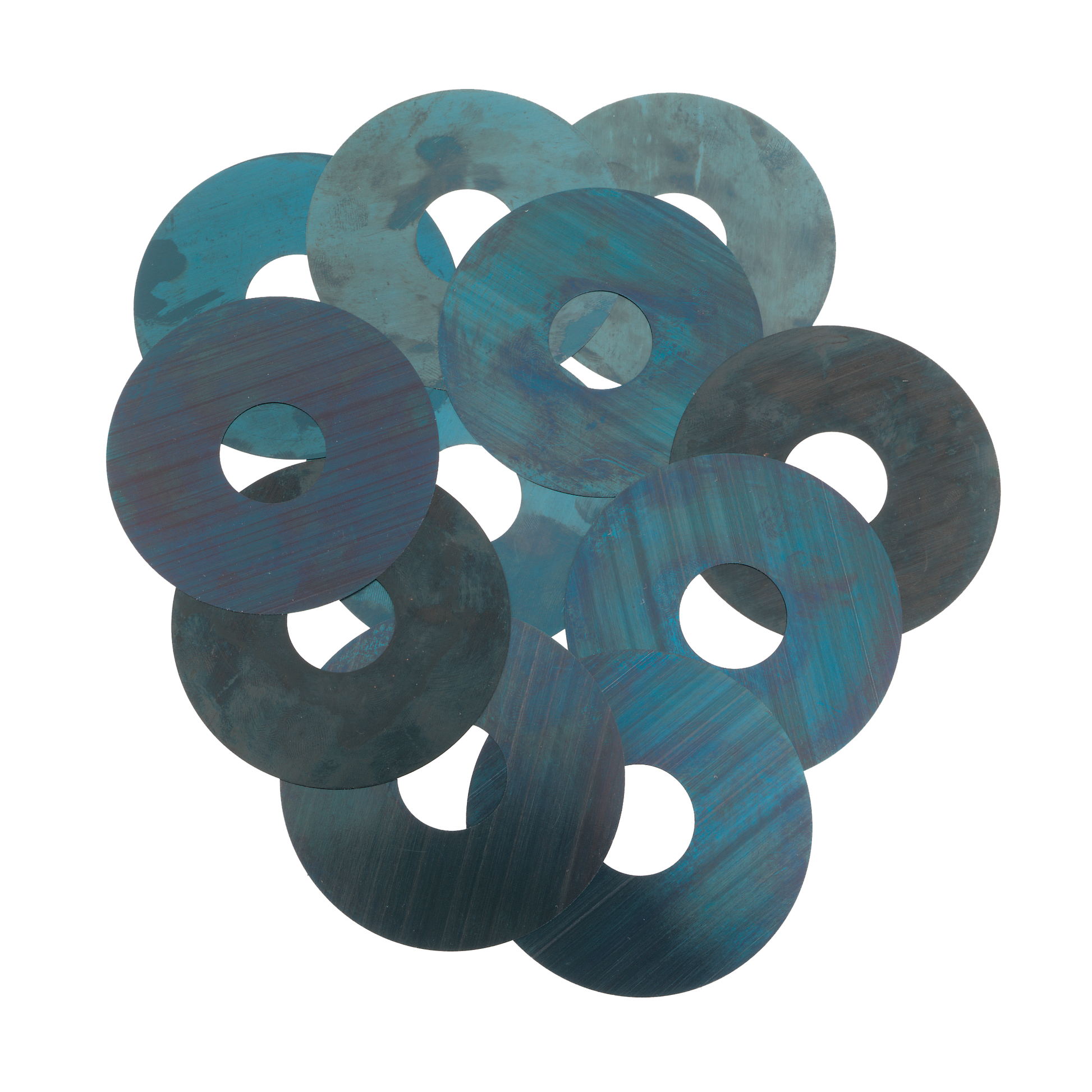 Set of circular metal shims with center holes in varying thicknesses and finishes, displayed in clustered arrangement.