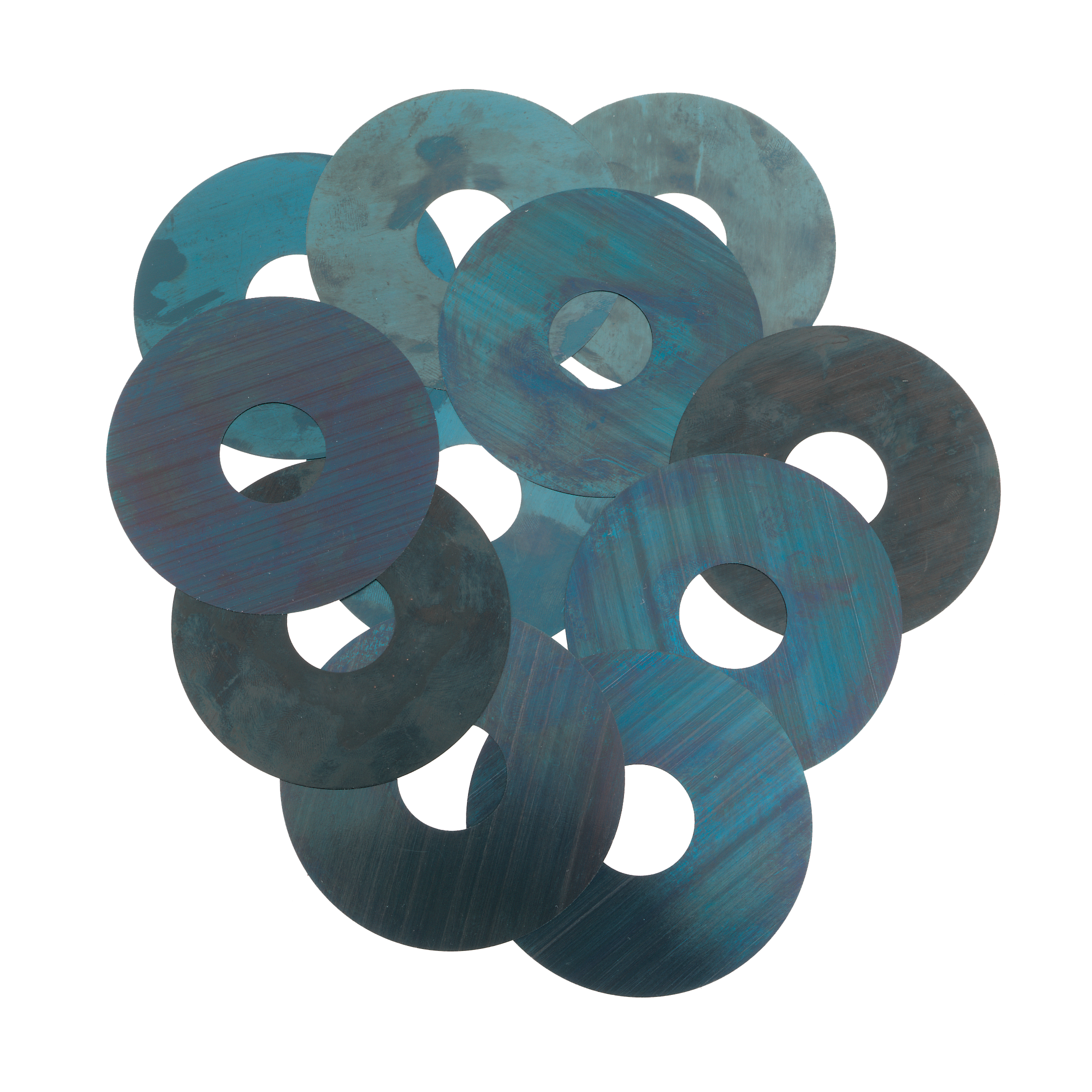 Set of circular metal shims with center holes in varying thicknesses and finishes, displayed in clustered arrangement.