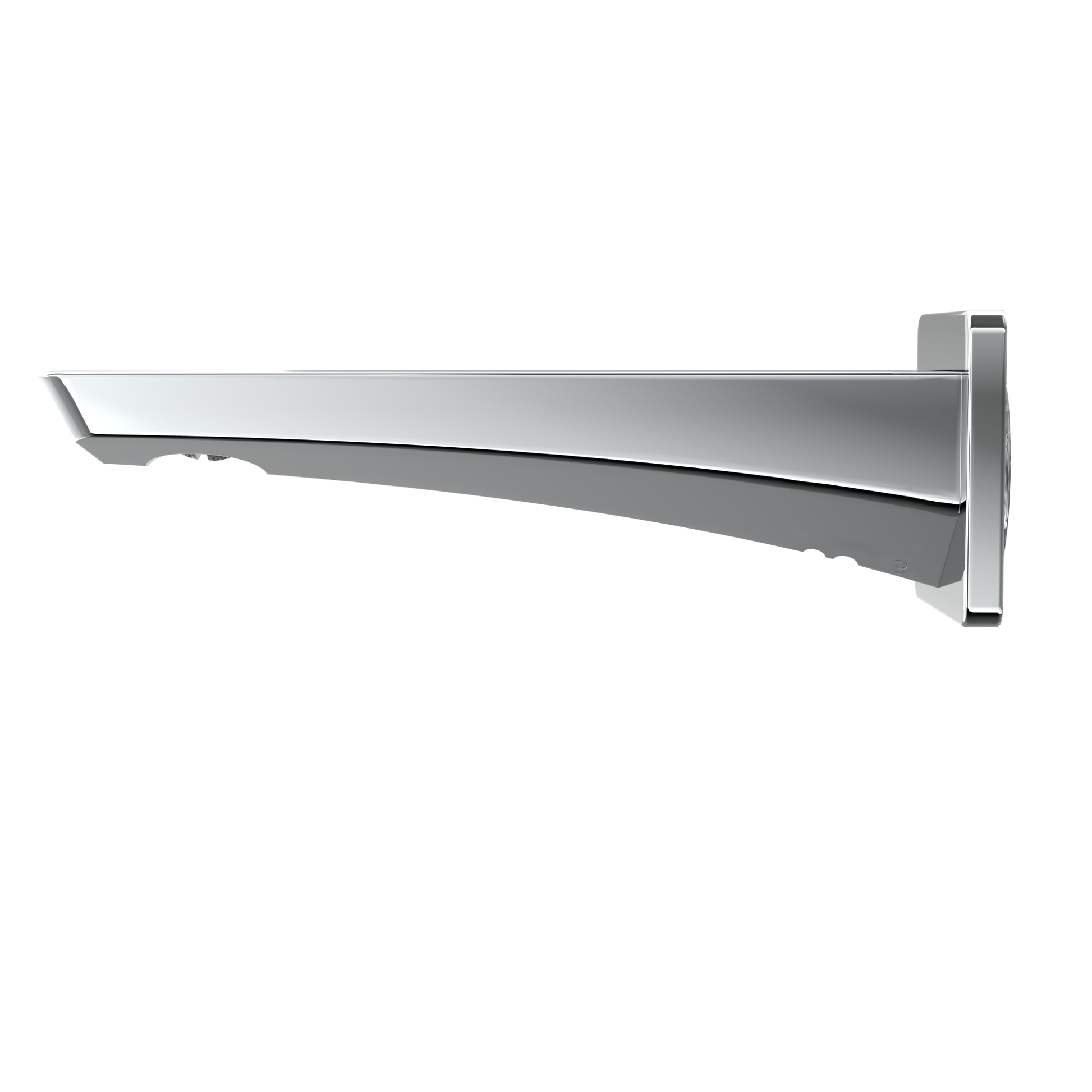 Polished chrome wall-mounted tub spout with curved outlet and vertical mounting bracket.
