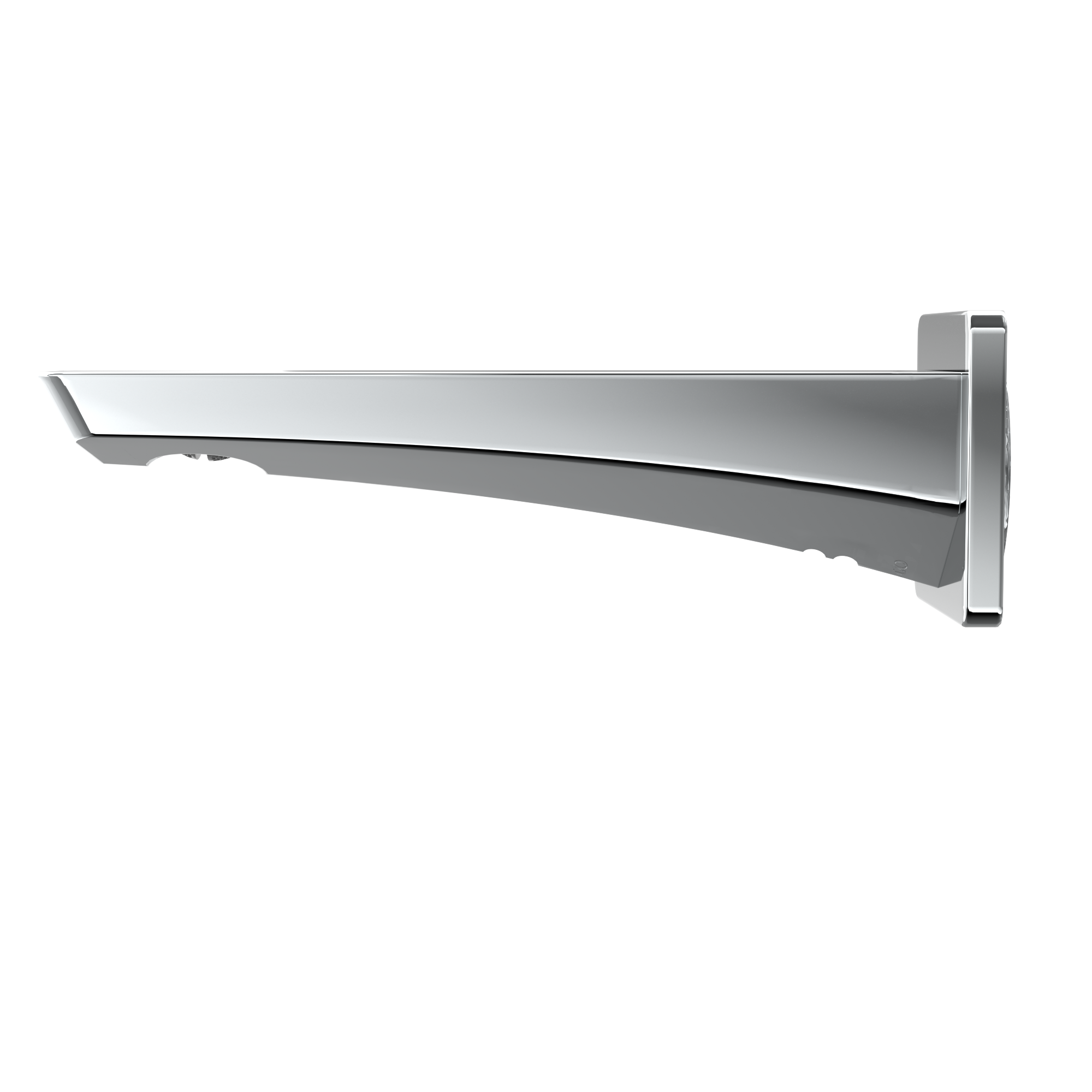 Polished chrome wall-mounted tub spout with curved outlet and vertical mounting bracket.