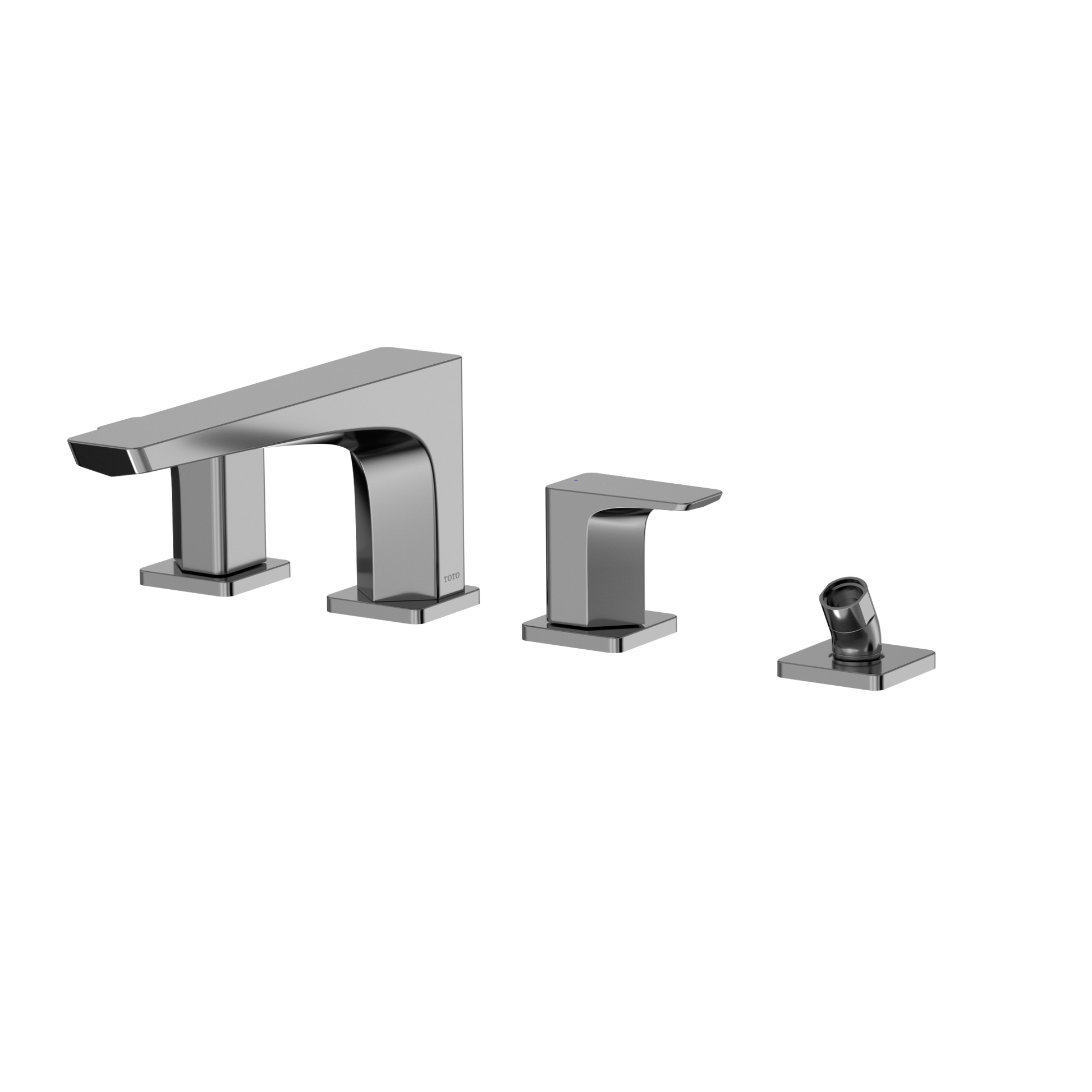 Polished chrome two-handle deck-mount roman tub filler with curved spout, matching handles, and detachable handshower.