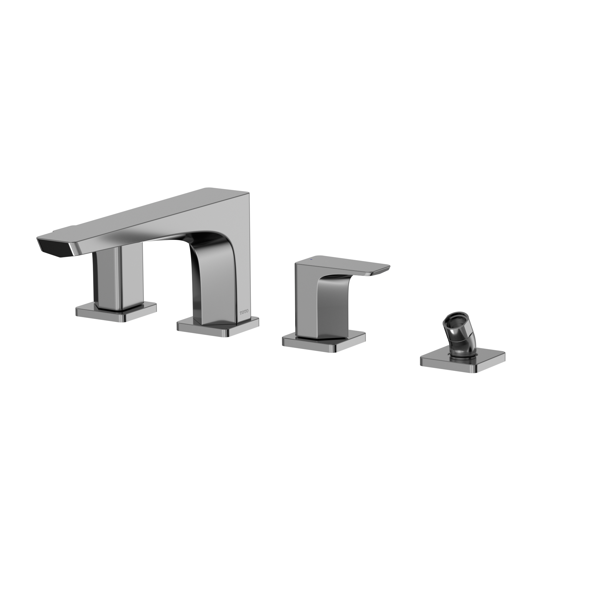 Polished chrome two-handle deck-mount roman tub filler with curved spout, matching handles, and detachable handshower.