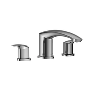 Polished chrome two-handle Roman tub filler with curved spout and lever handles.