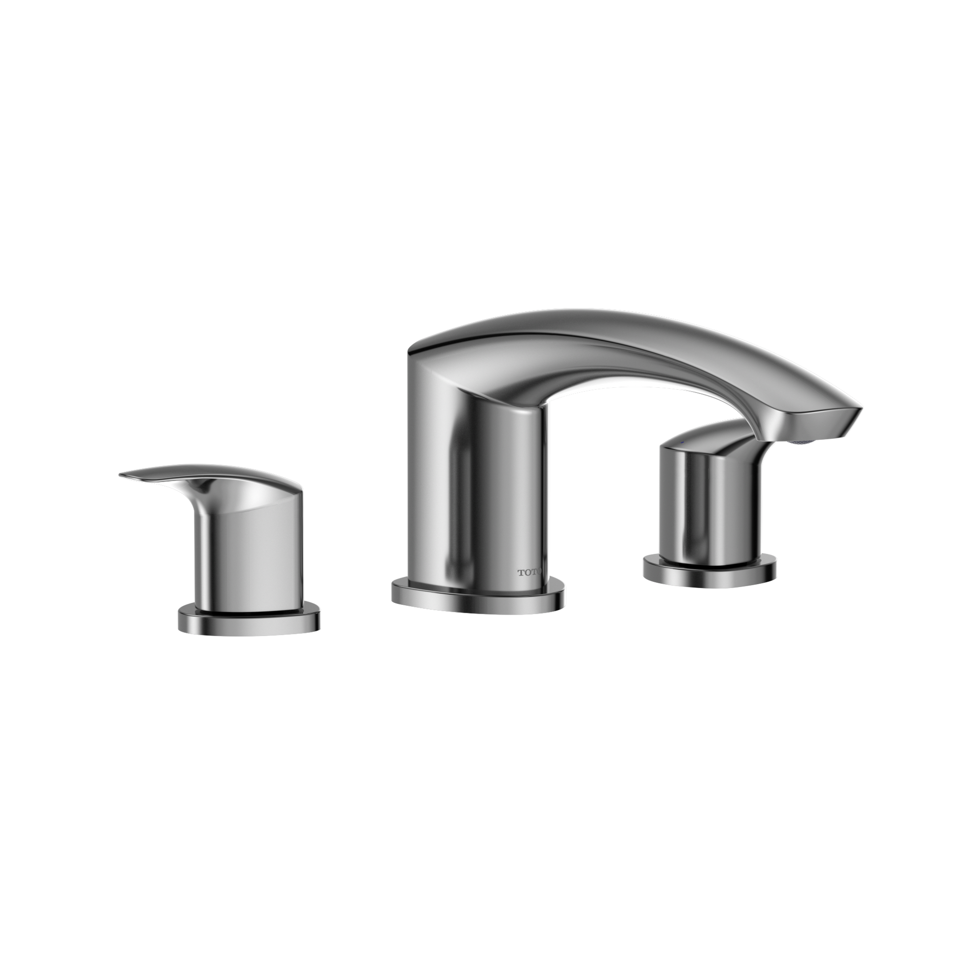 Polished chrome two-handle Roman tub filler with curved spout and lever handles.