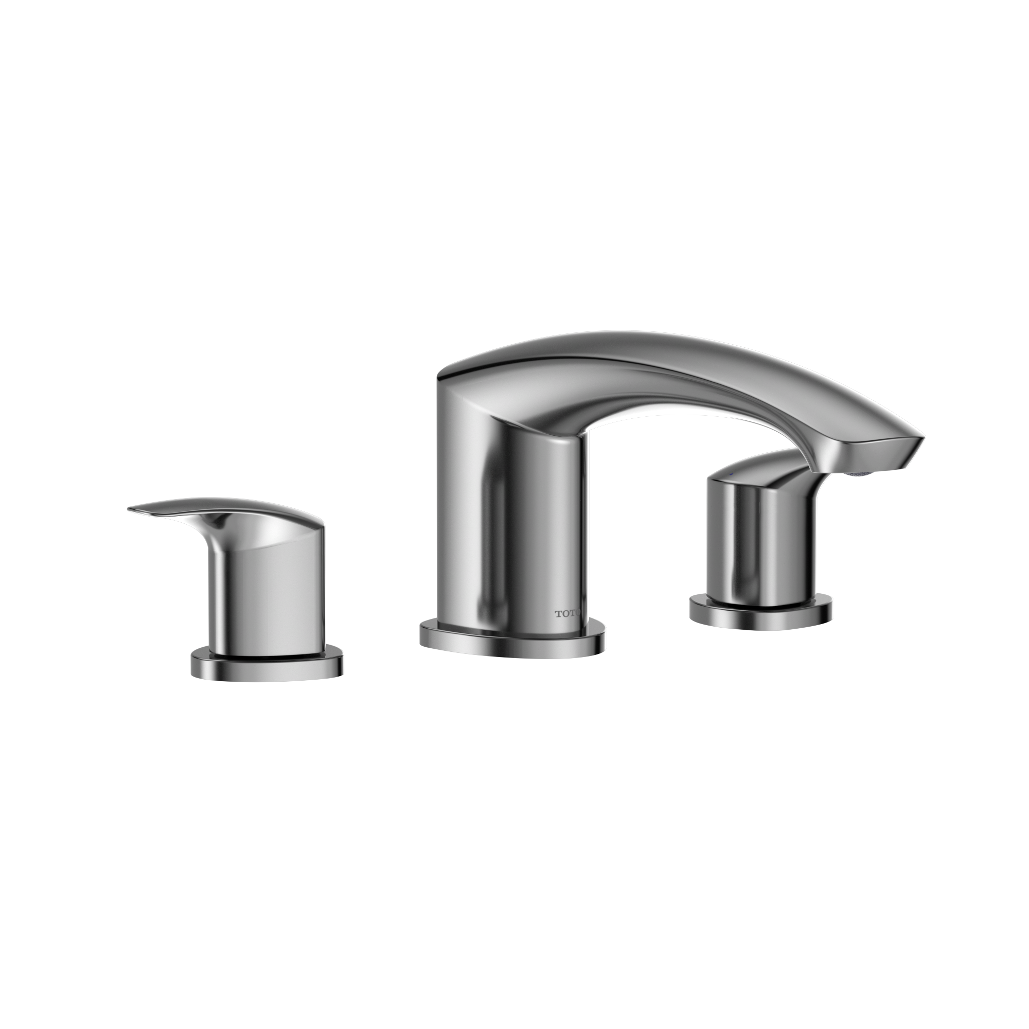 Polished chrome two-handle Roman tub filler with curved spout and lever handles.