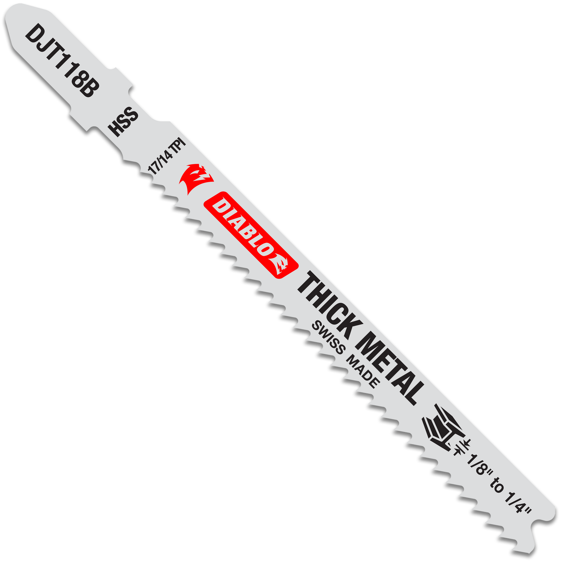 Diablo high speed steel T-shank jig saw blade with fine teeth for metal cutting, labeled with model number and specifications