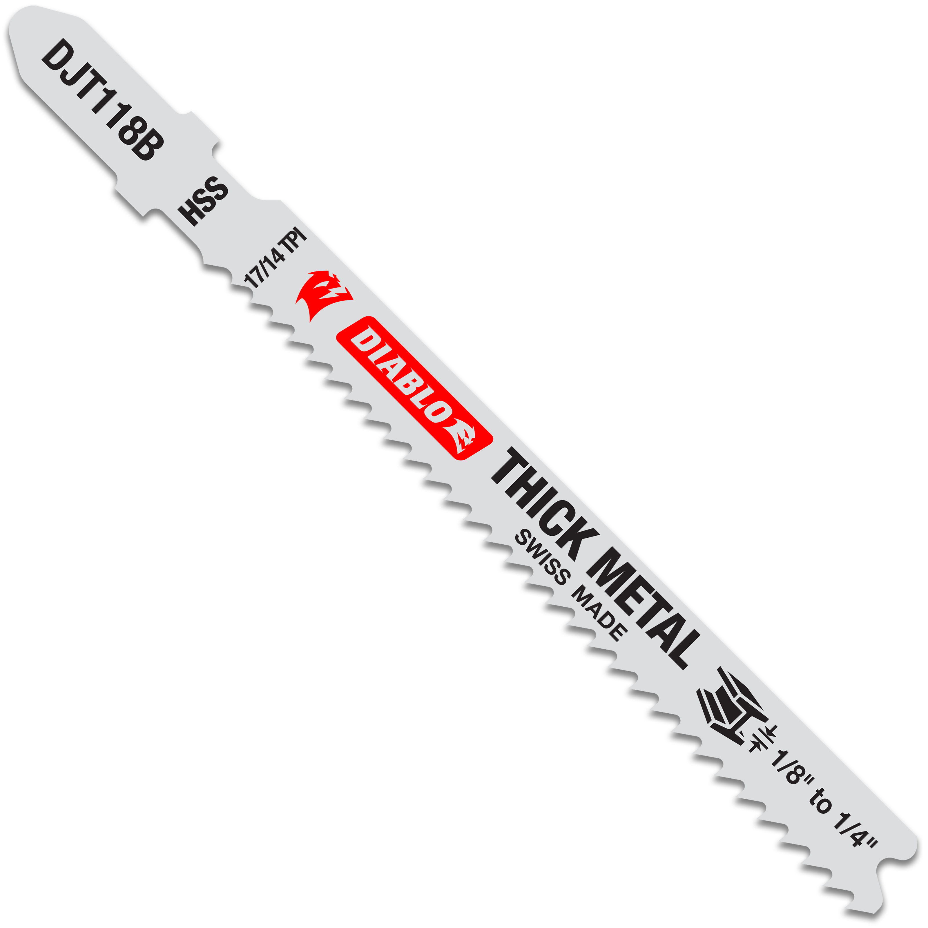 Diablo high speed steel T-shank jig saw blade with fine teeth for metal cutting, labeled with model number and specifications