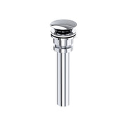 Polished chrome push drain with oval cap top and cylindrical body for lavatory sink installation.