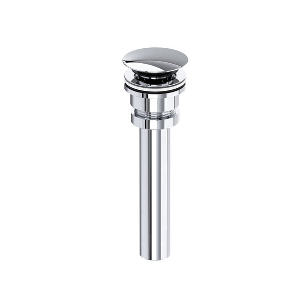 Polished chrome push drain with oval cap top and cylindrical body for lavatory sink installation.