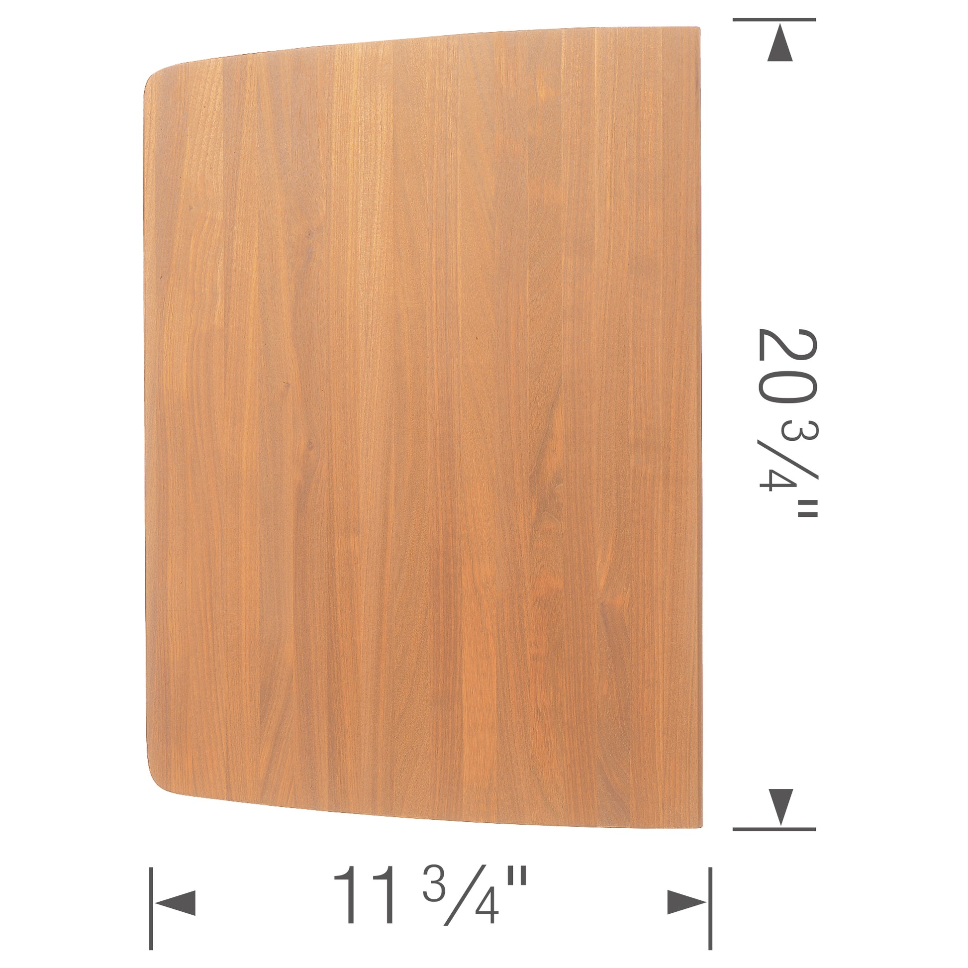 Rectangular wooden cutting board with light brown finish and rounded corners, measuring 11 3/4" x 20 3/4".