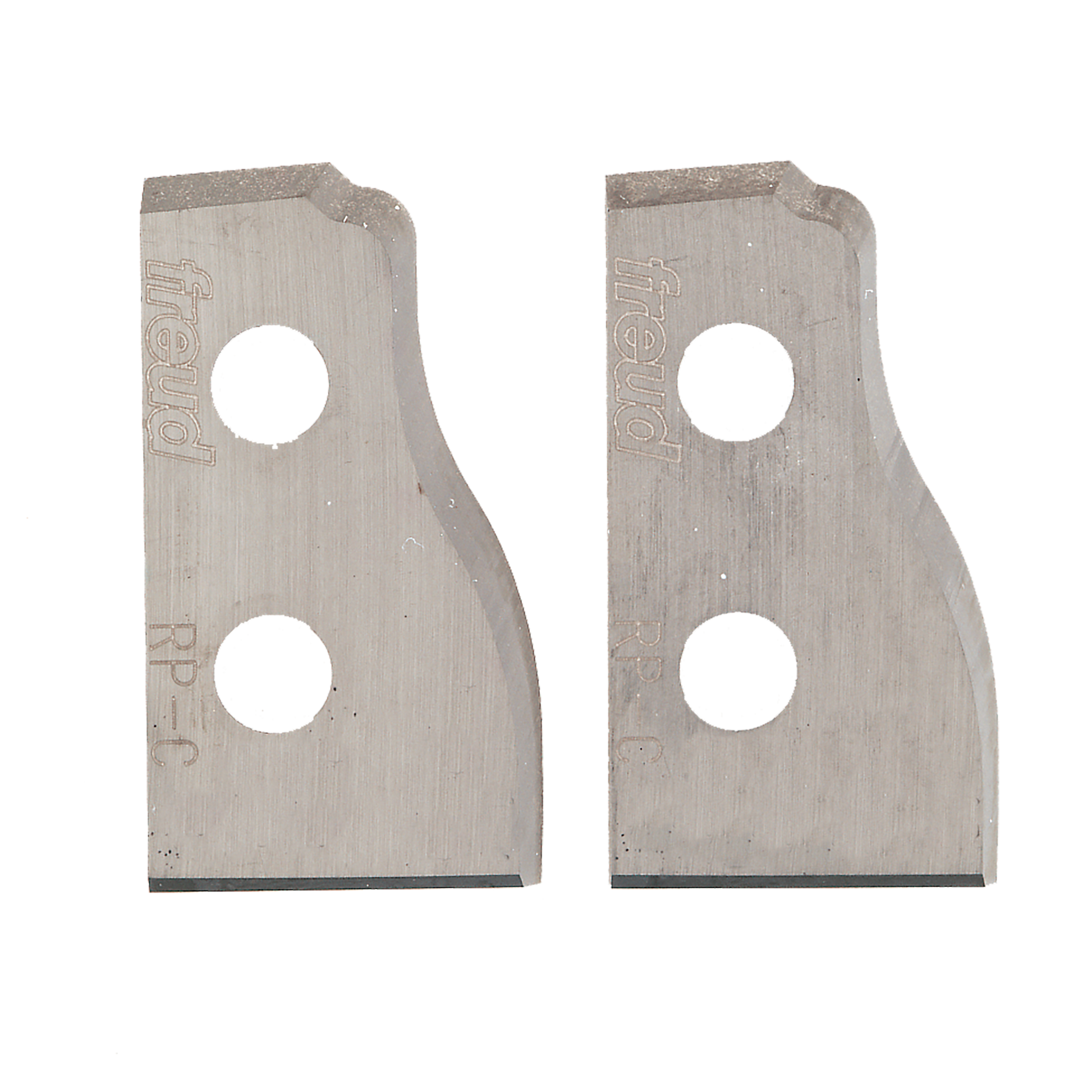 Pair of Freud RP-C raised panel profile router knife blades with mounting holes and curved cutting edges.