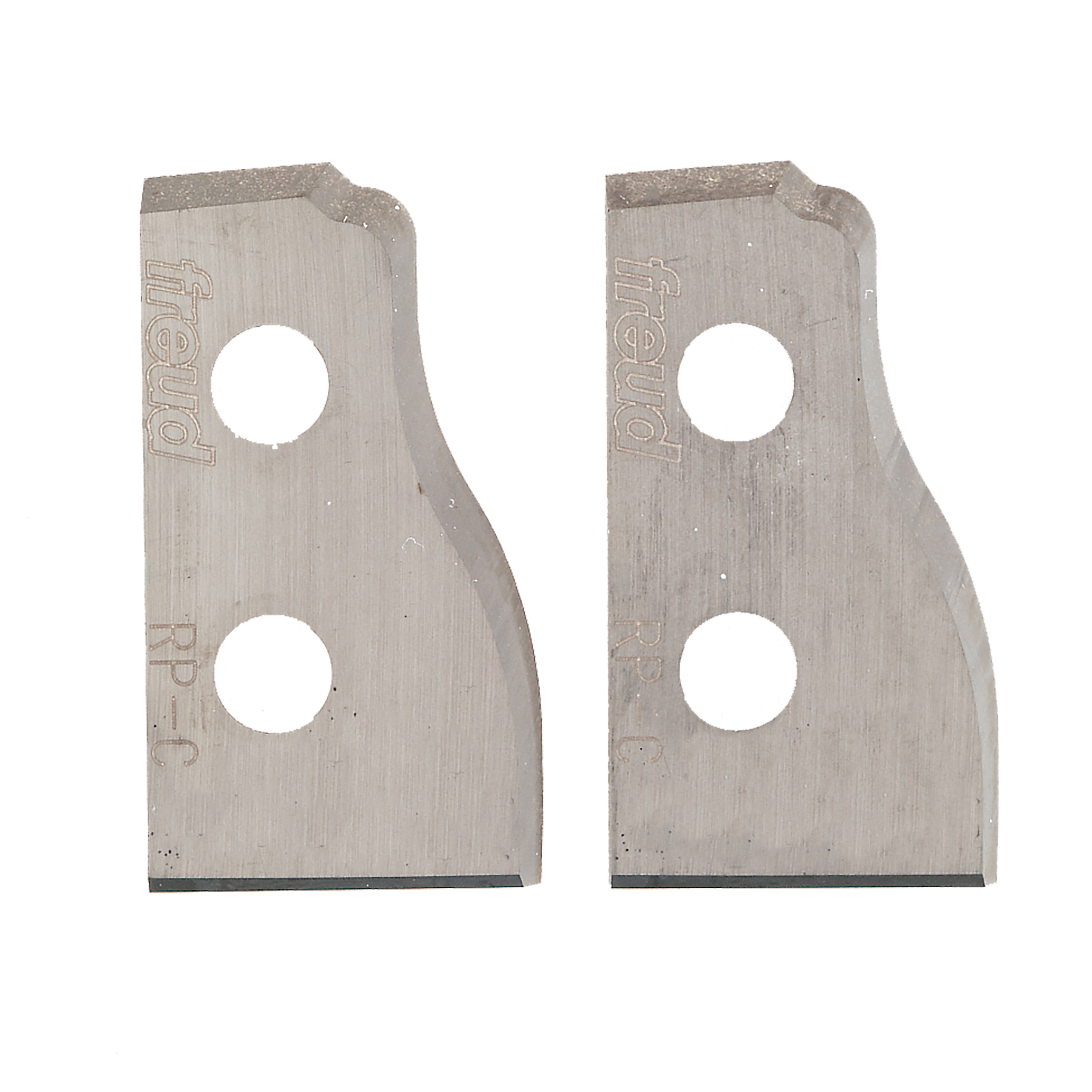 Pair of Freud RP-C raised panel profile router knife blades with mounting holes and curved cutting edges.