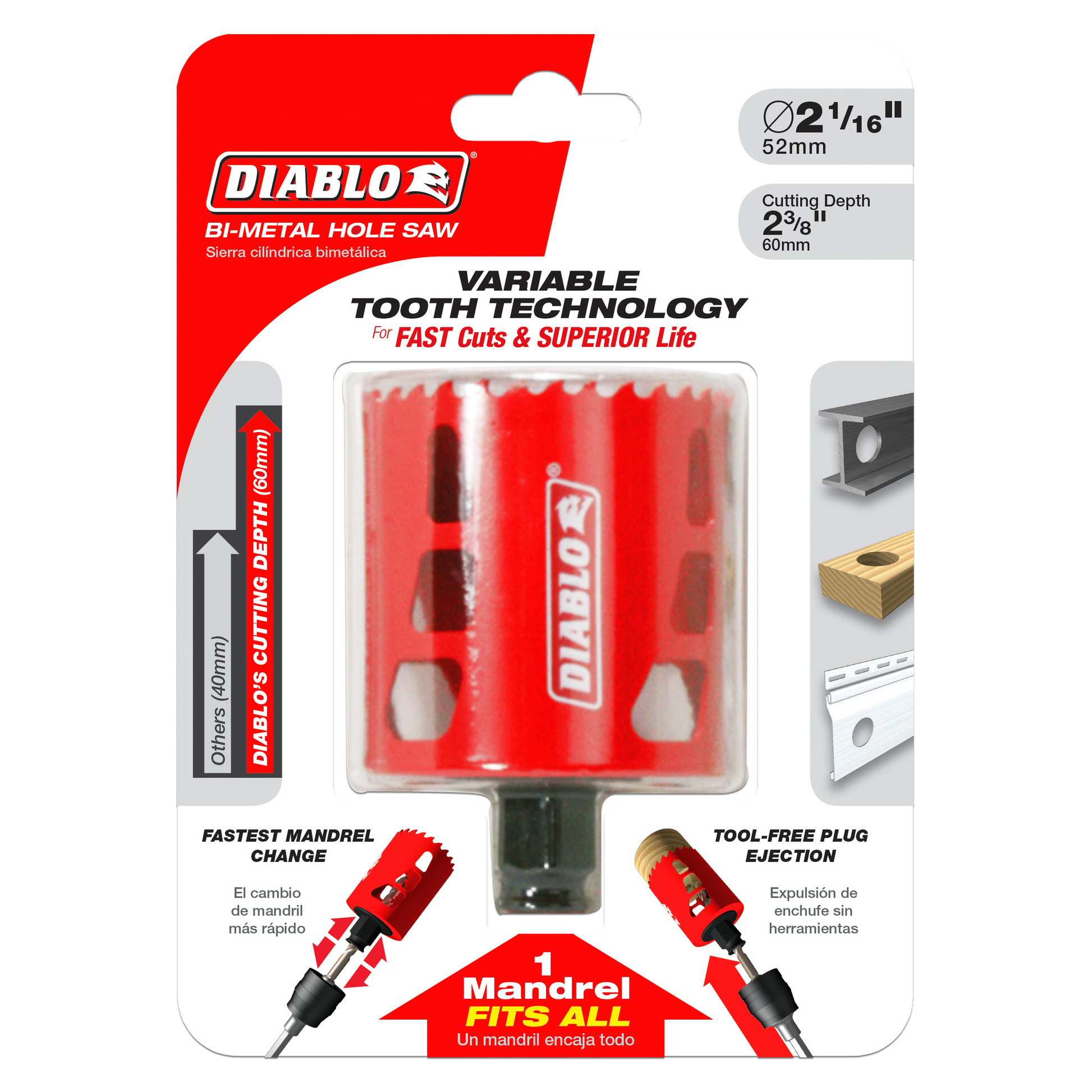 Diablo bi-metal hole saw with 2-1/16 inch diameter and variable tooth technology, shown in red packaging with black mandrel.