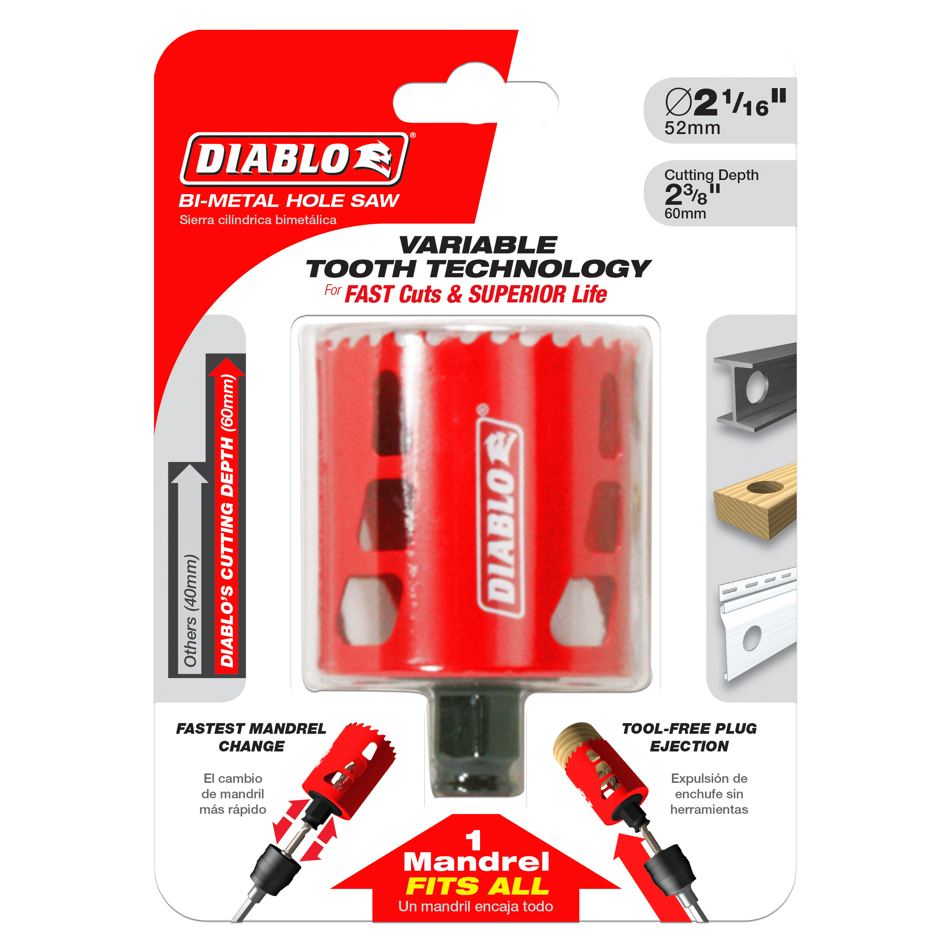 Diablo bi-metal hole saw with 2-1/16 inch diameter and variable tooth technology, shown in red packaging with black mandrel.