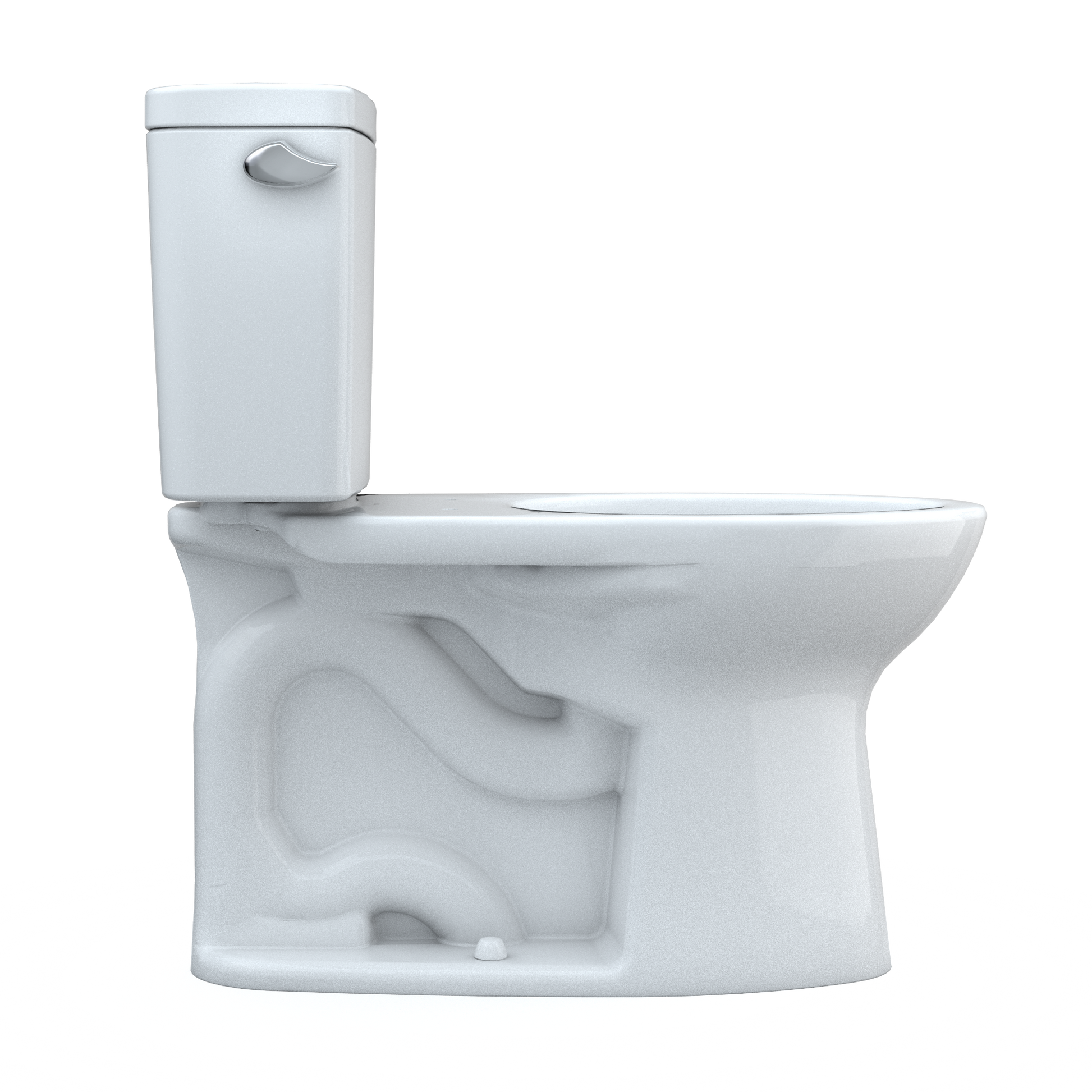 White two-piece elongated toilet with tank mounted above bowl and silver flush lever handle.