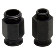 Two black hexagonal adapter nuts with threaded tops and circular bases for hole saw installation.