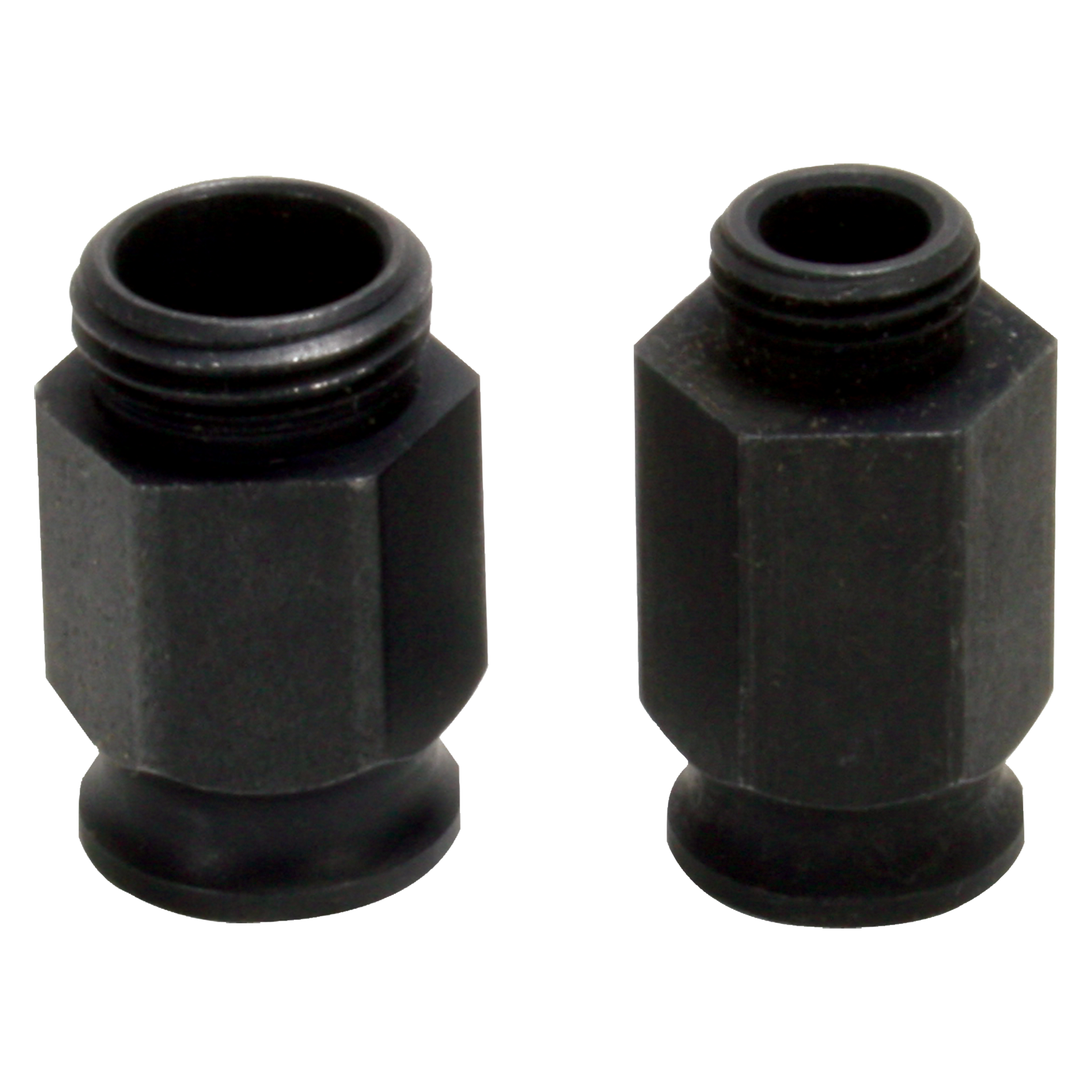 Two black hexagonal adapter nuts with threaded tops and circular bases for hole saw installation.