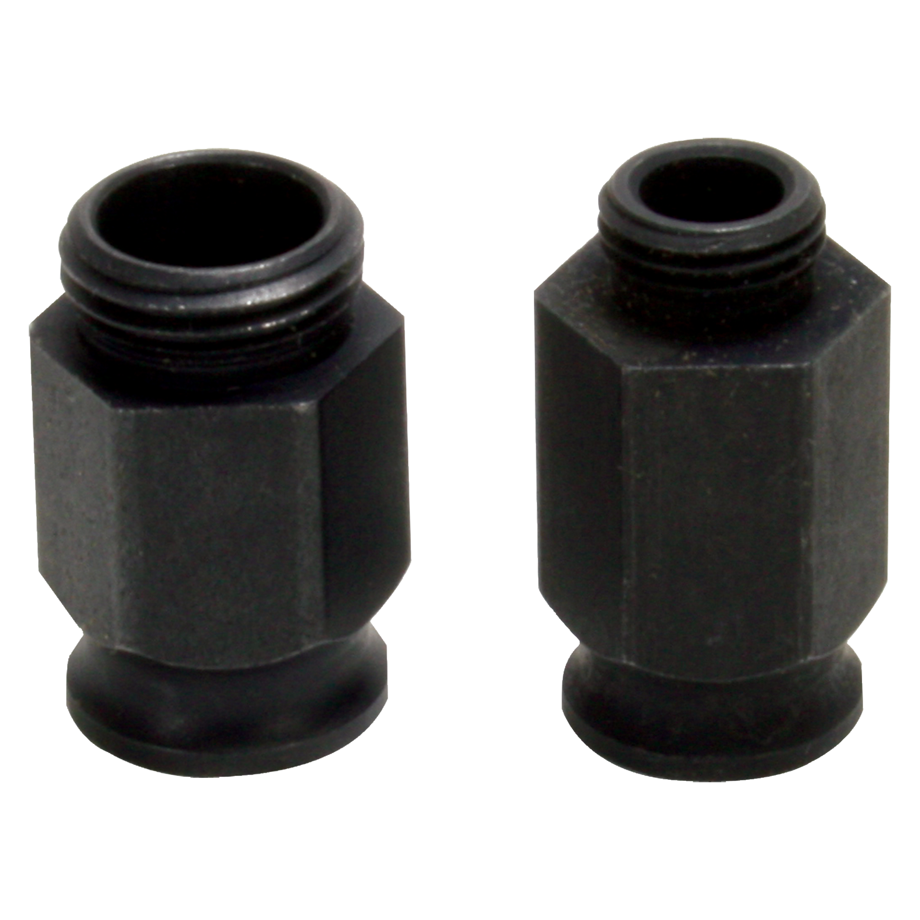 Two black hexagonal adapter nuts with threaded tops and circular bases for hole saw installation.