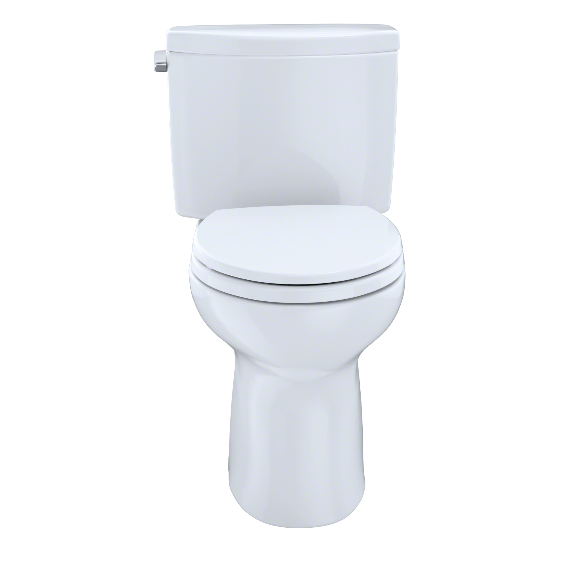 White two-piece round toilet with closed seat and tank, right-hand lever visible on tank side.
