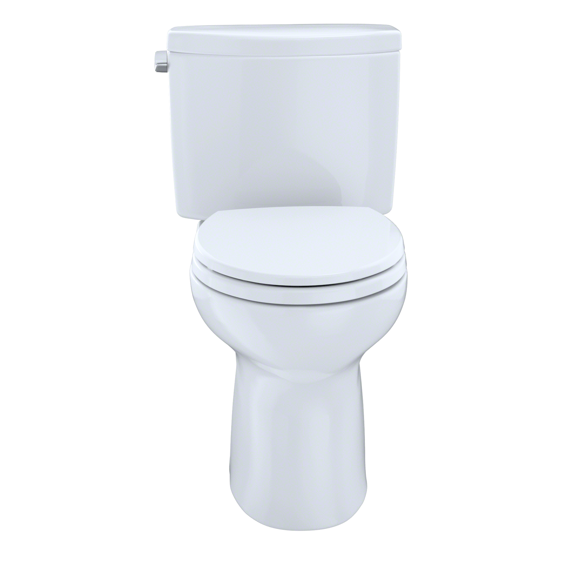 Cotton white two-piece round toilet with closed lid and tank, water supply line visible on left side.