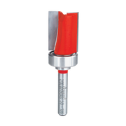 Red and silver flush trim router bit with top bearing and straight cutting edge.