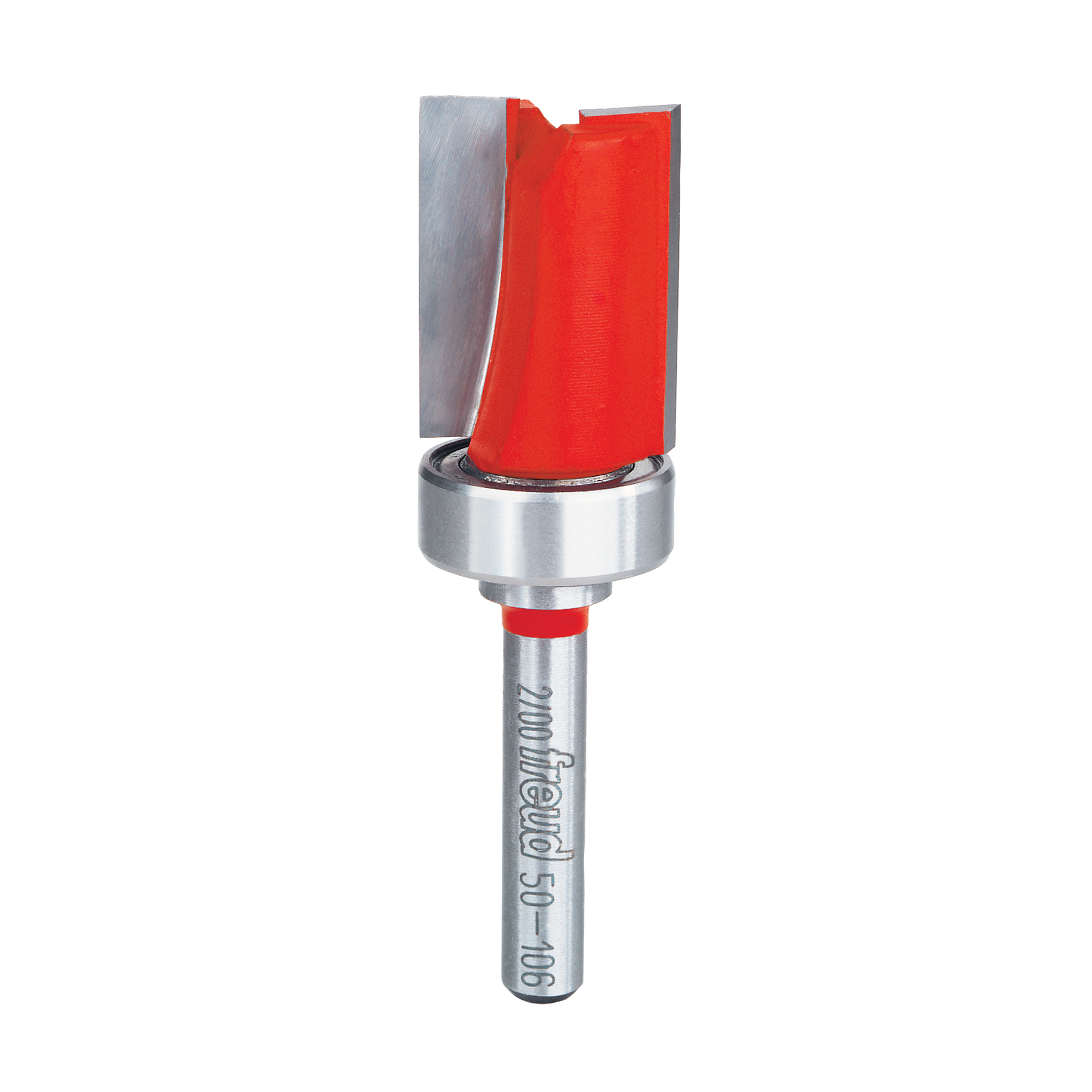 Red and silver flush trim router bit with top bearing and straight cutting edge.