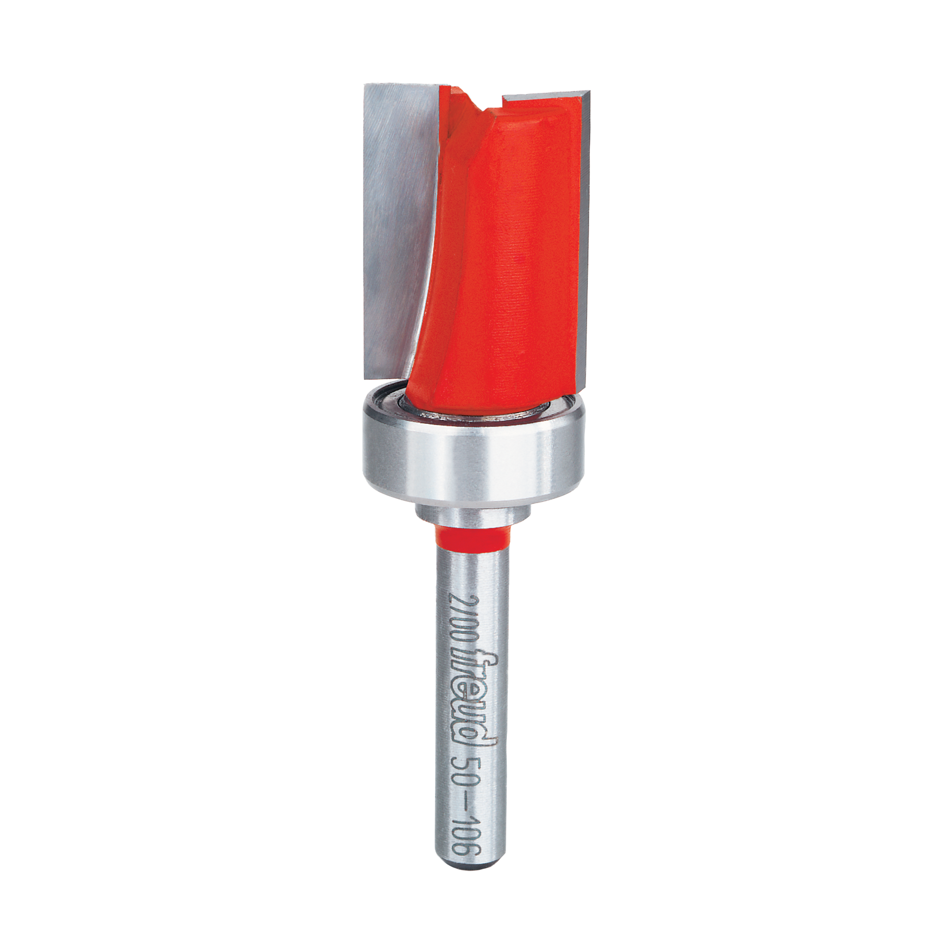 Red and silver flush trim router bit with top bearing and straight cutting edge.