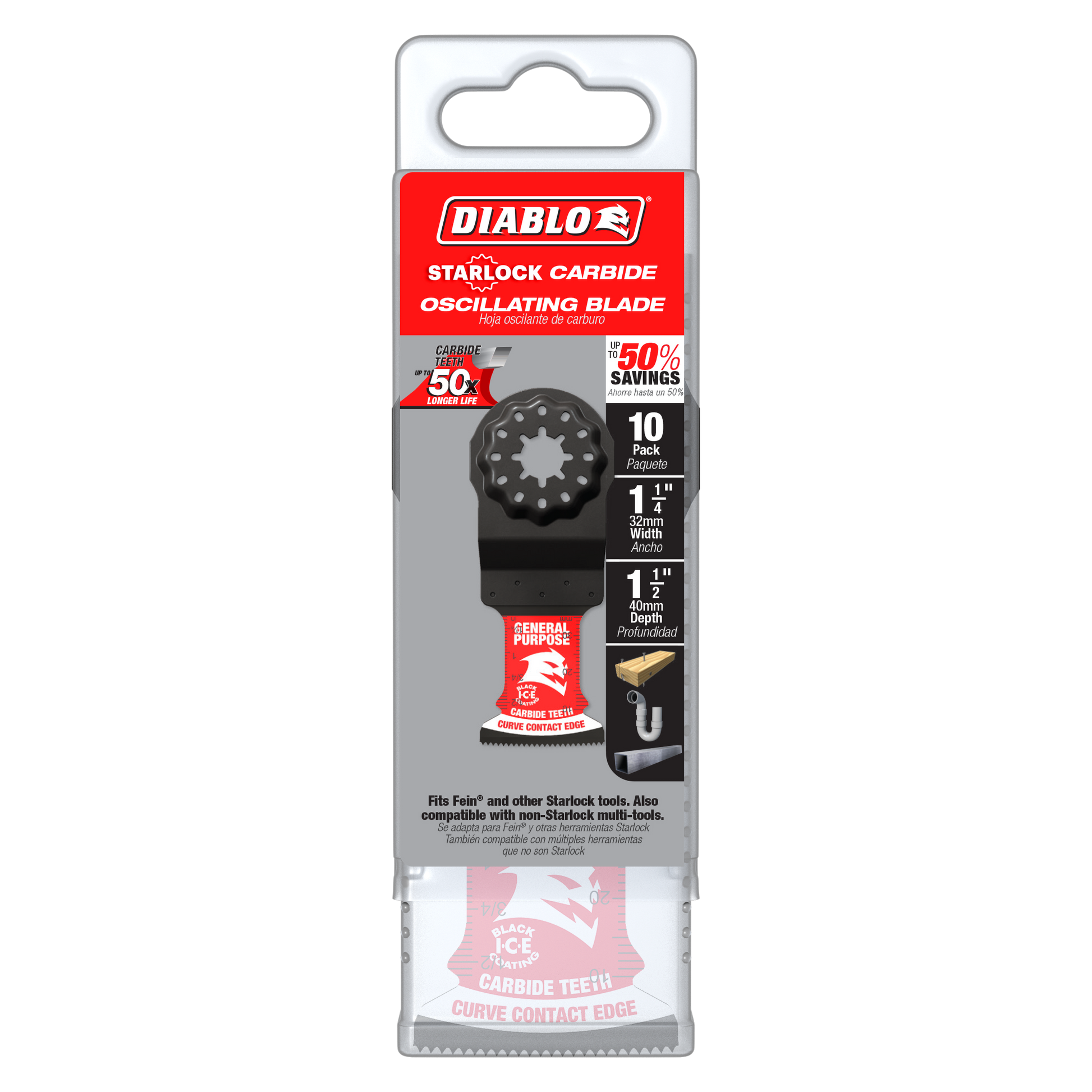 Pack of 10 Diablo Starlock carbide oscillating blades with 1-1/4 inch width and 1-1/4 inch depth for general purpose cutting.