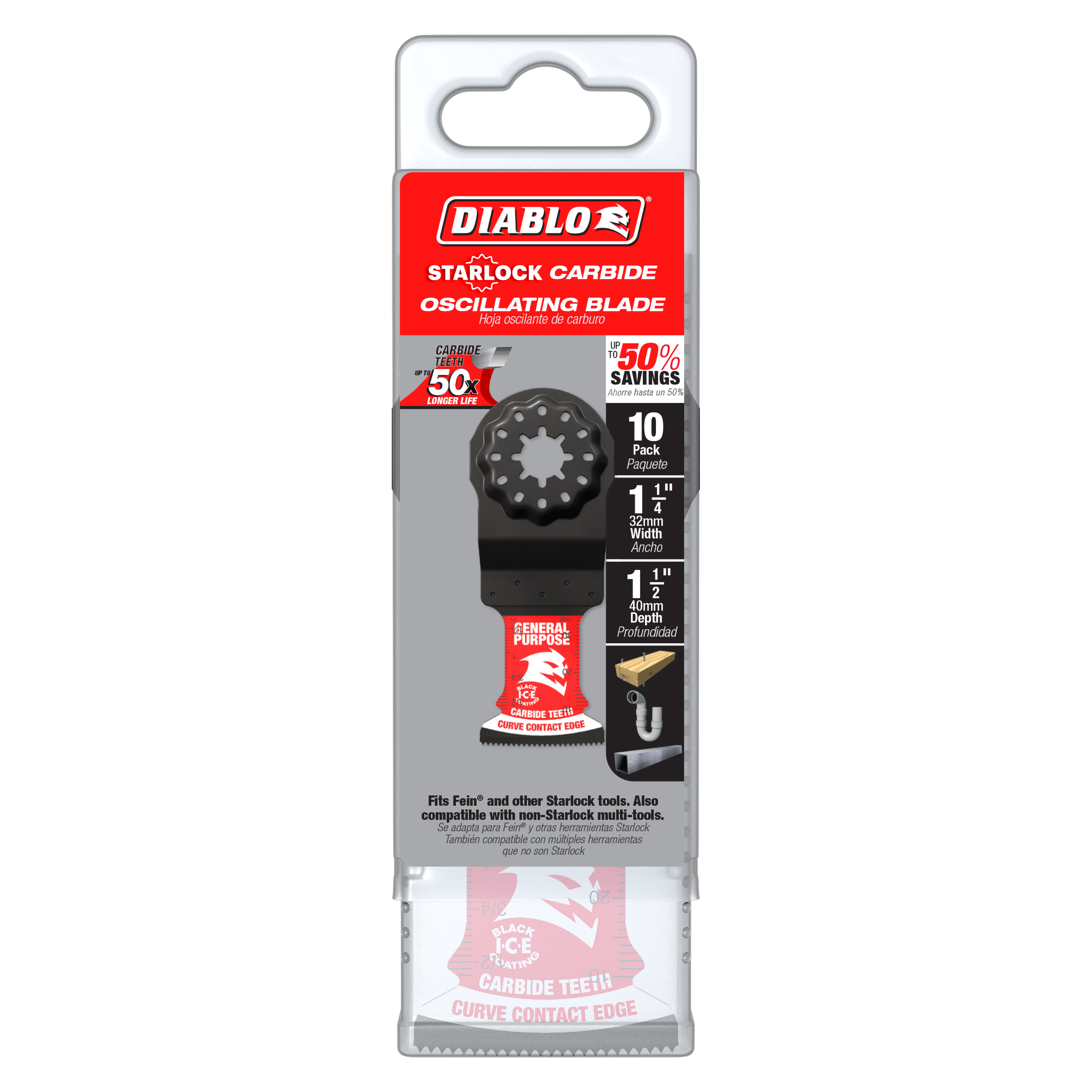 Pack of 10 Diablo Starlock carbide oscillating blades with 1-1/4 inch width and 1-1/4 inch depth for general purpose cutting.